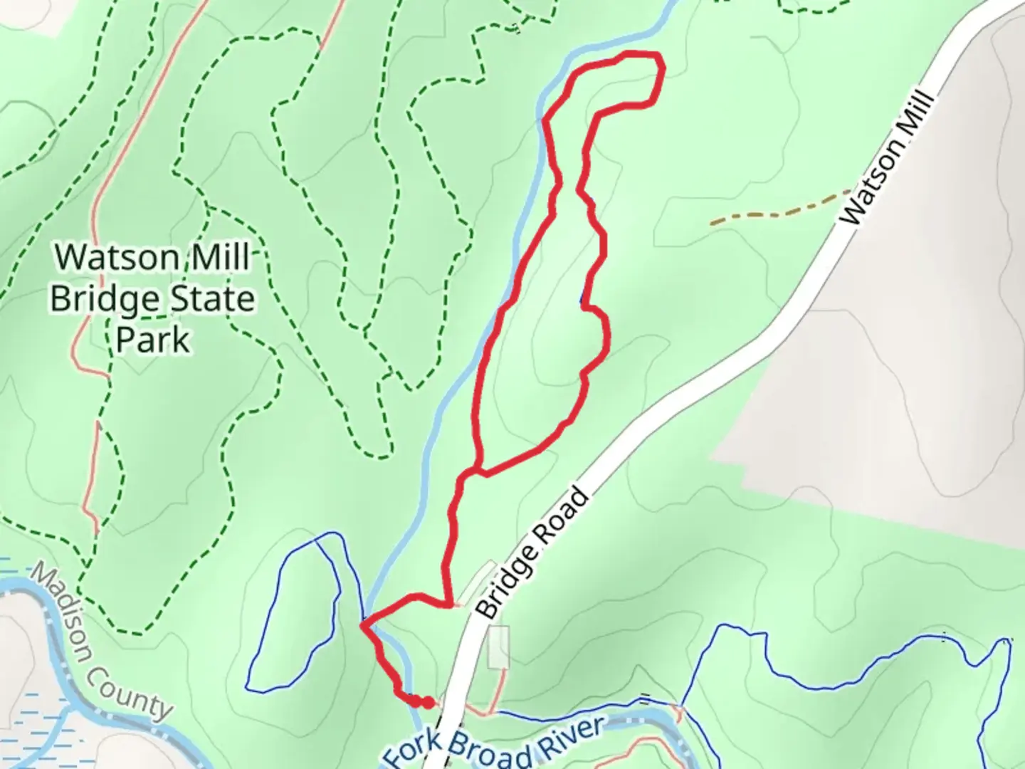 An image depicting the trail Watson Mill Bridge State Park Loop and its surrounding area.