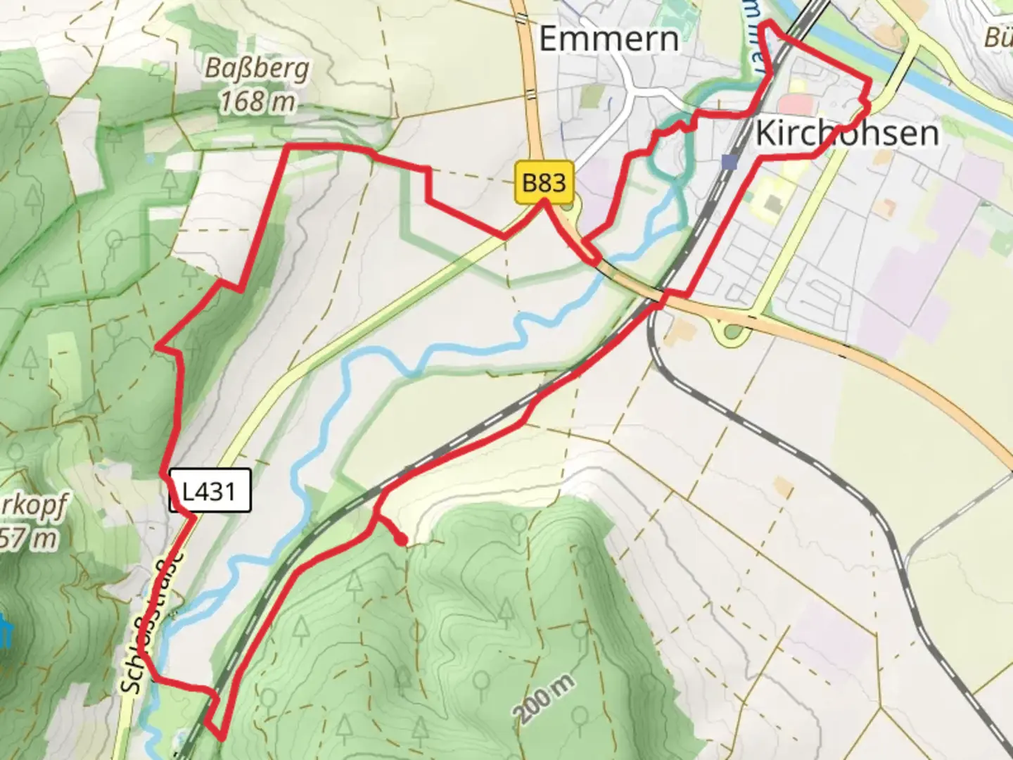 An image depicting the trail Emmerweg and Weserberglandweg and its surrounding area.