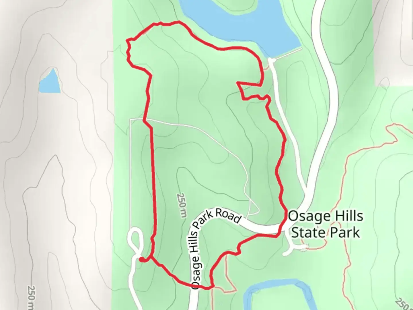 An image depicting the trail Osage Hills State Park Loop - North and its surrounding area.