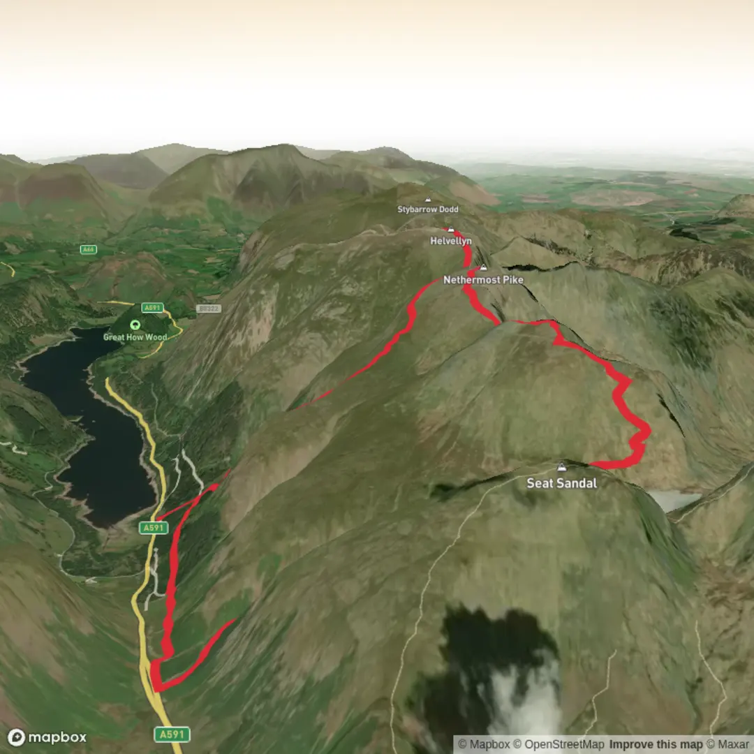 An image depicting the trail Wythburn, Grisedale Tarn, Dollywaggen Pike, Nethermost Pike and Helvellyn and its surrounding area.