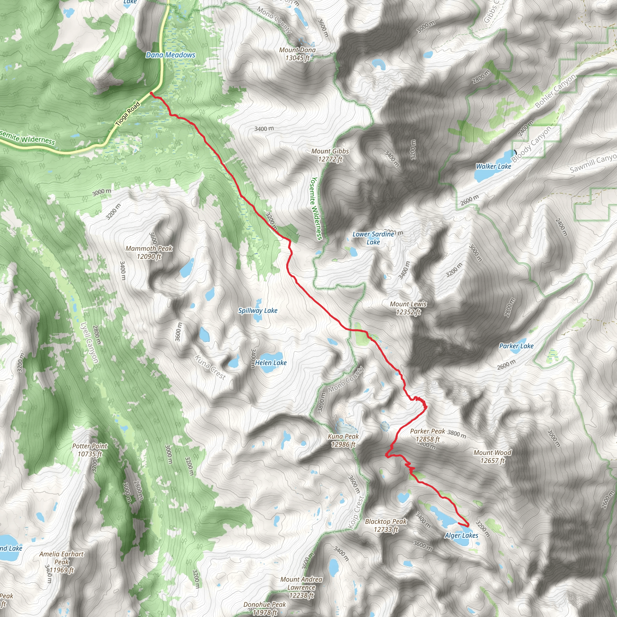 Alger Lakes and Koip Peak Pass via Mono Pass Trail mobile static map