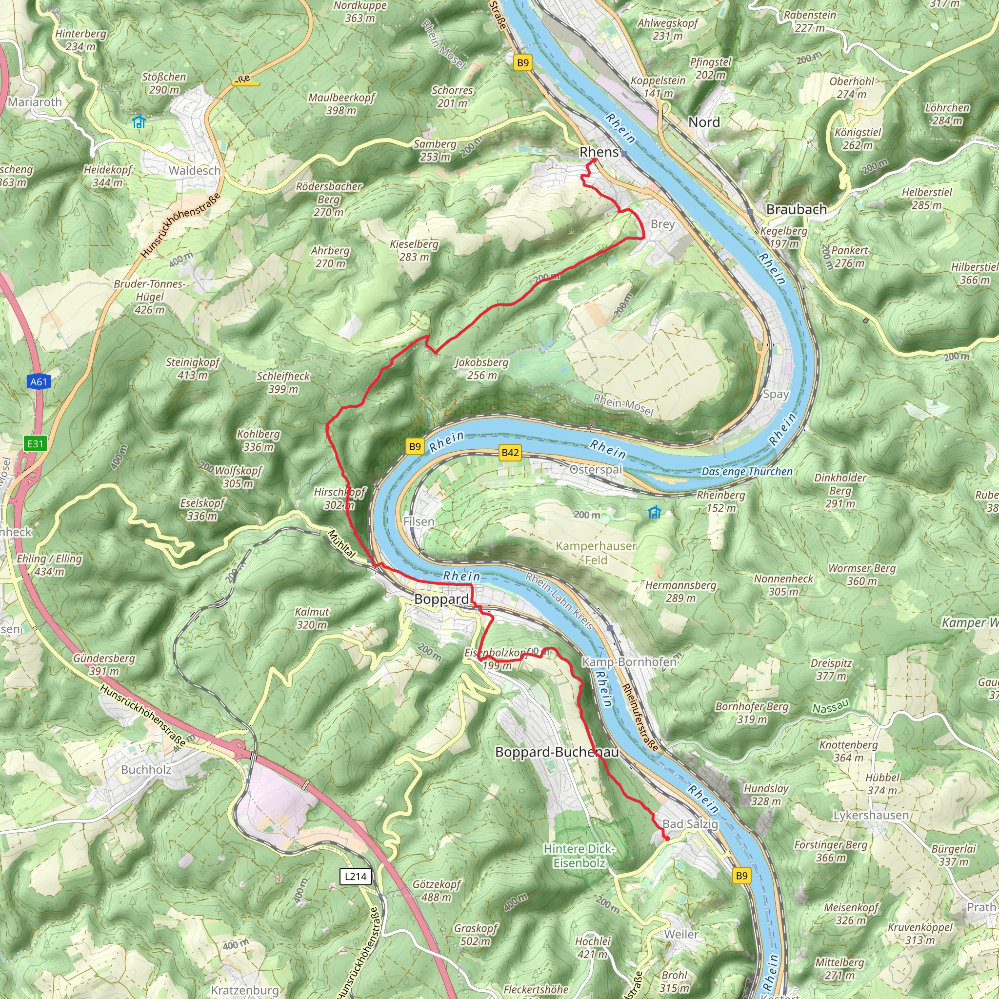 Rhens to Bad Salzeg Walk via River Rhine mobile static map