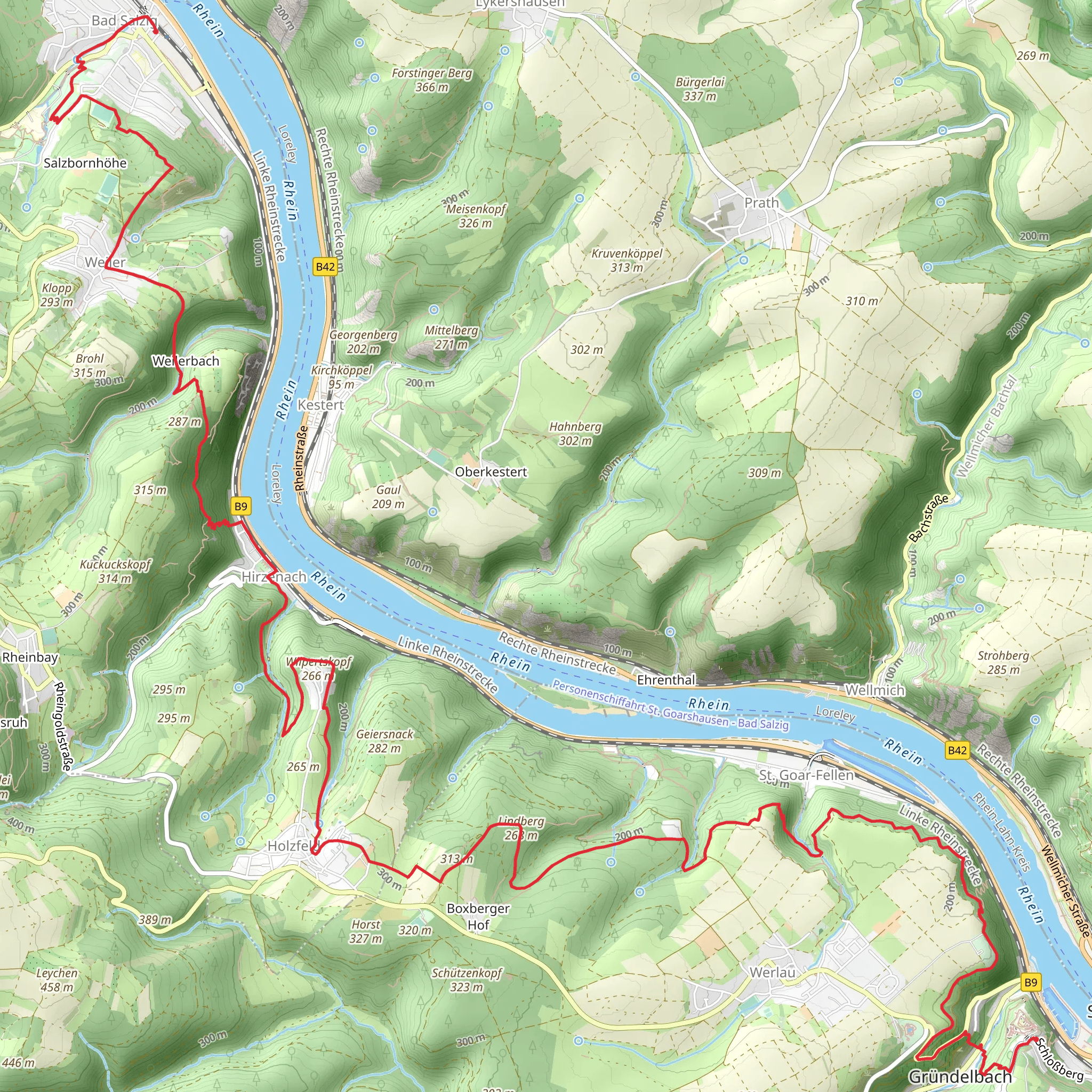 Bad Salzig to Rheinfels Castle Walk via Weilerbach mobile static map