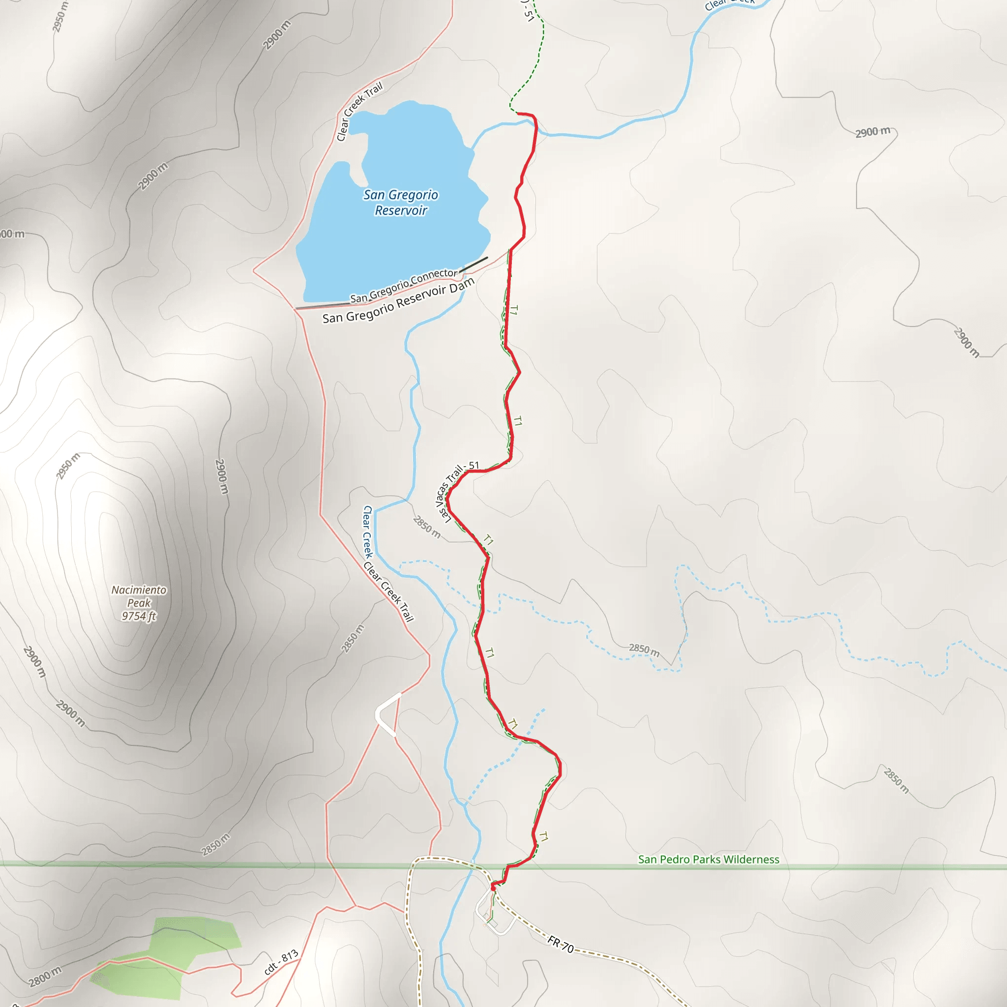 San Gregorio Reservoir and Clear Creek via Las Vacas Trail mobile static map