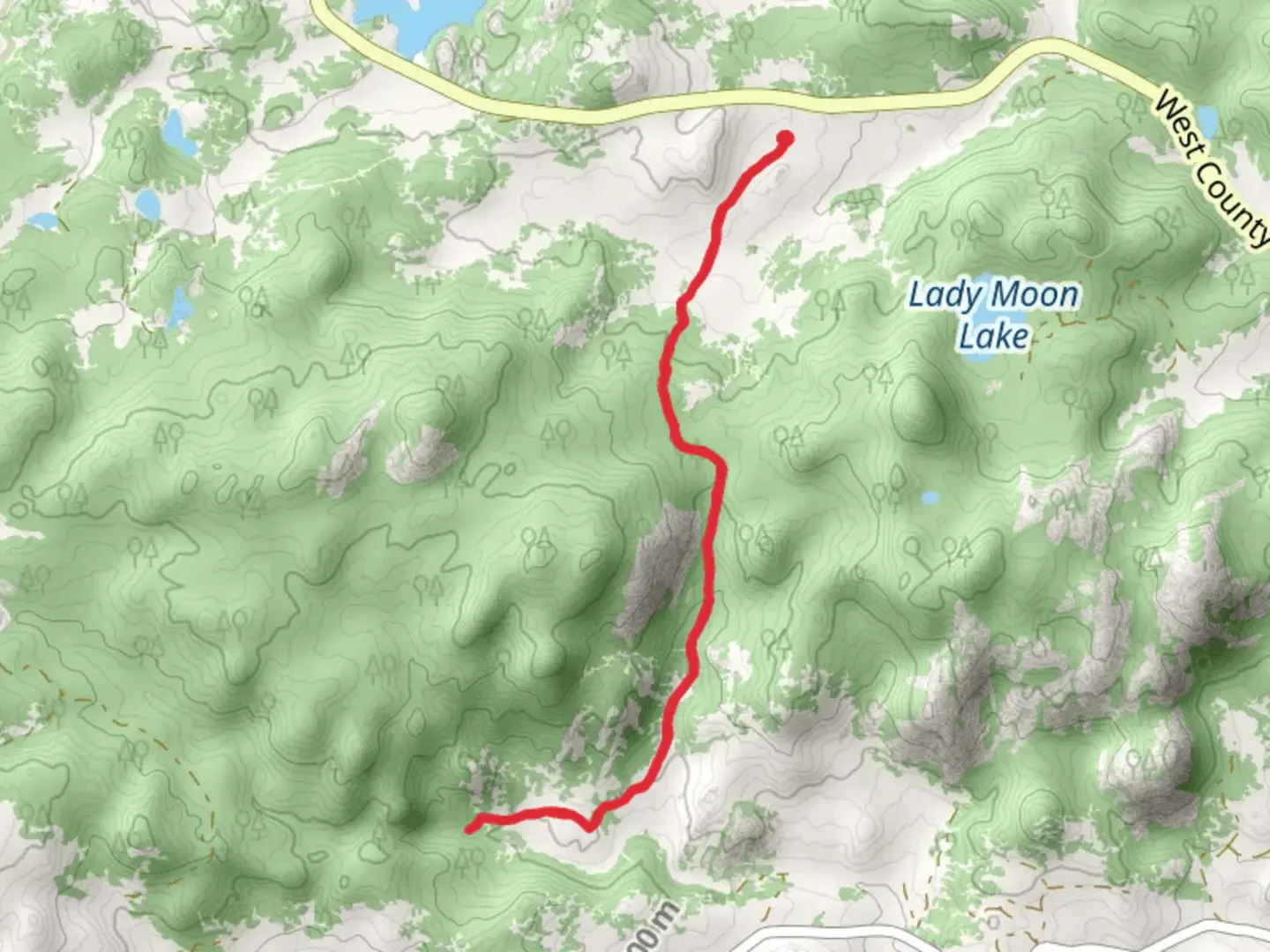 An image depicting the trail Disappointment Falls and Lady Moon Trail and its surrounding area.