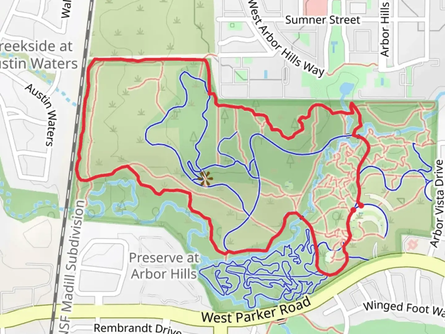 An image depicting the trail Arbor Hills and Outer Loop Trail and its surrounding area.