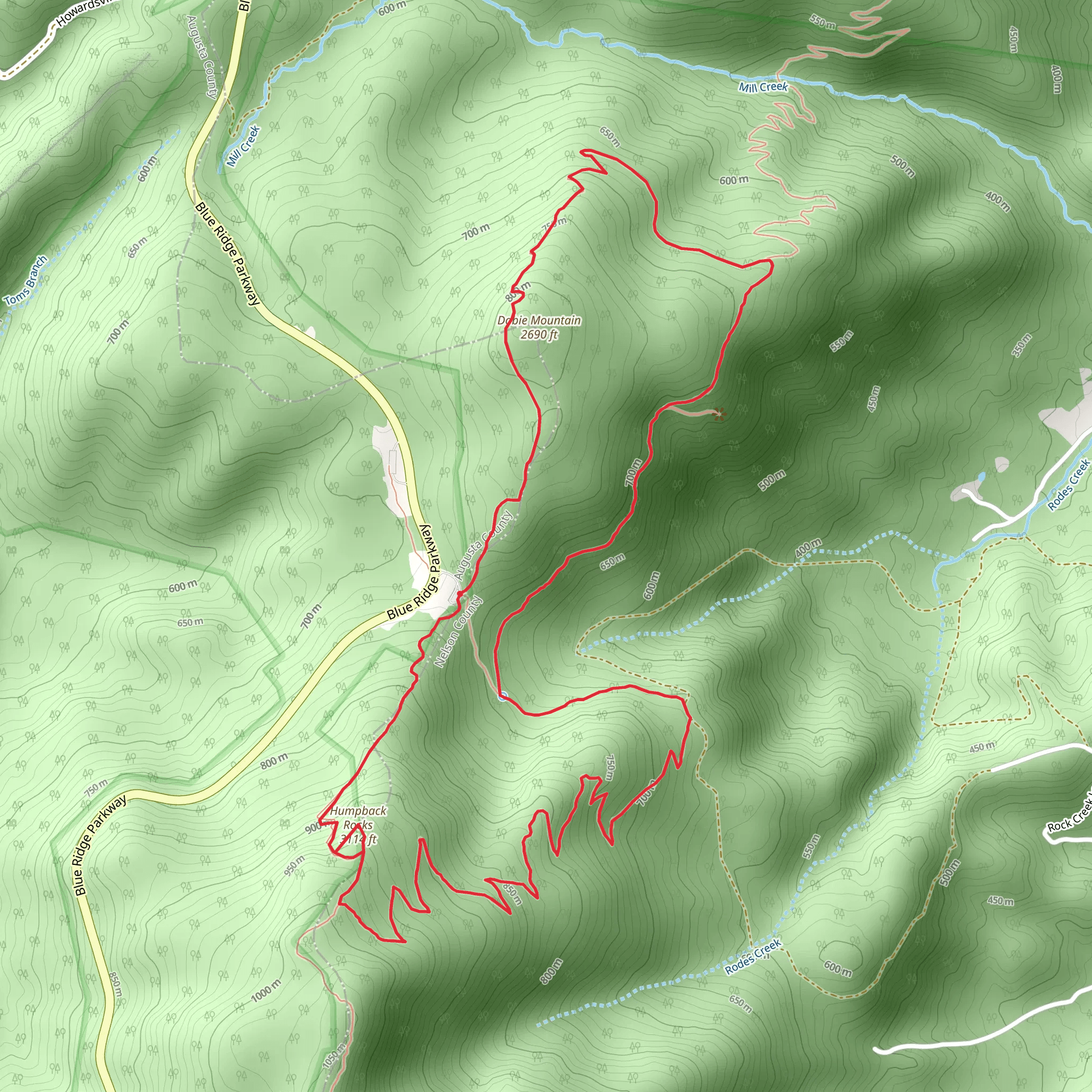 Humpback Rocks and Dobia Mountain via Jack Albright and Appalachian Trail mobile static map