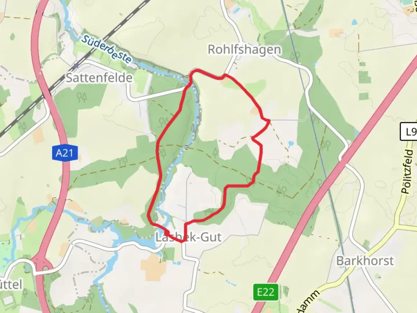 An image depicting the trail Suederbeste via Waldweg and Zur Muehle and its surrounding area.