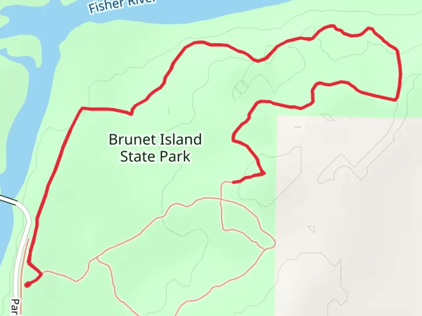 An image depicting the trail Nordic 2 Trail in Brunet Island State Park and its surrounding area.