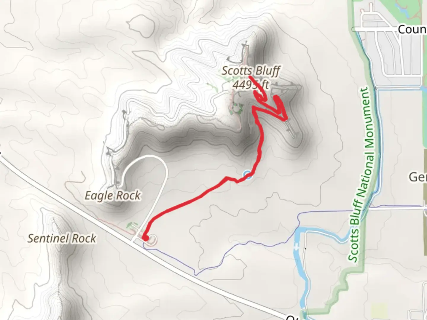 An image depicting the trail Scotts Bluff Peak Trail and its surrounding area.