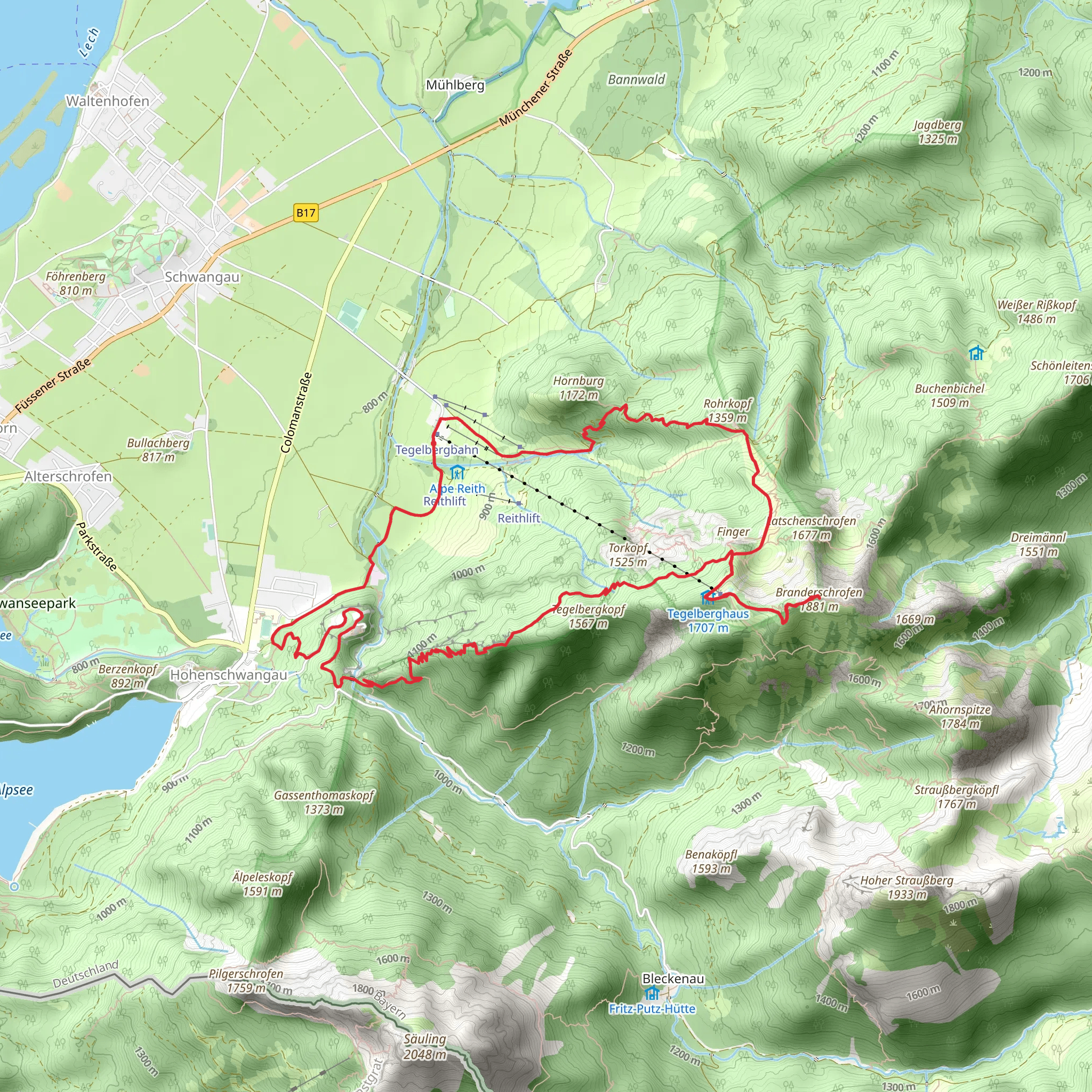 Panoramablick Schwangau, Queen Mary's Bridge and Branderschrofen via Maximiliansweg mobile static map