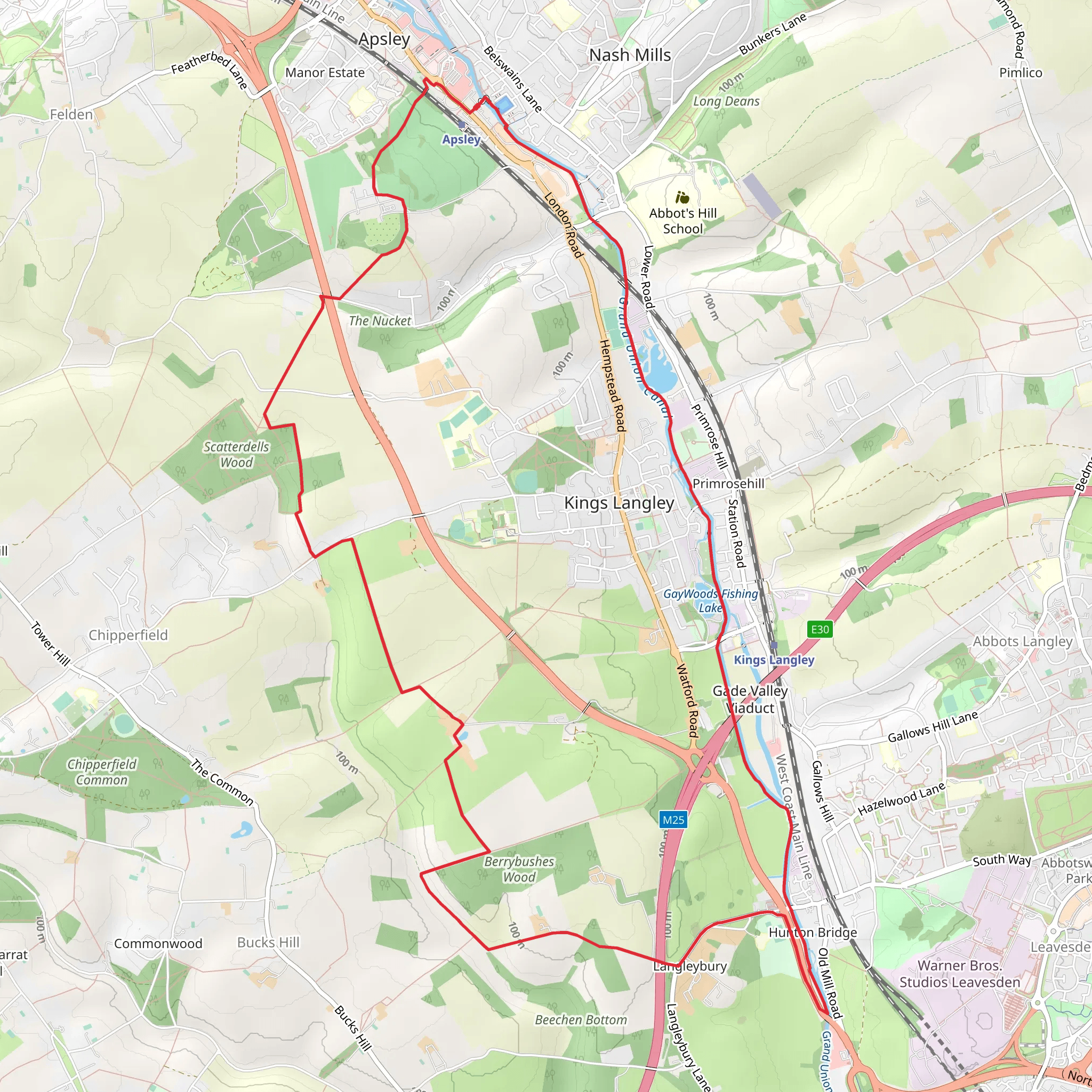 Apsley to Langleybury Loop via Grand Union Canal mobile static map