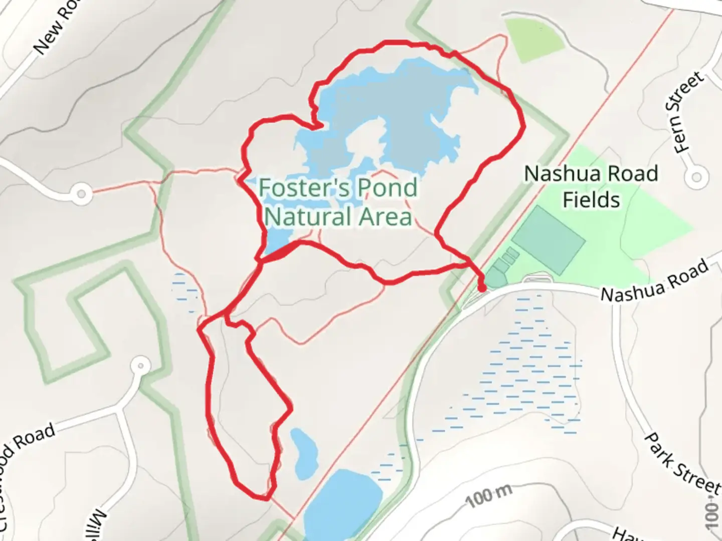 An image depicting the trail Nashua Fields - Foster's Pond Loop Trail and its surrounding area.