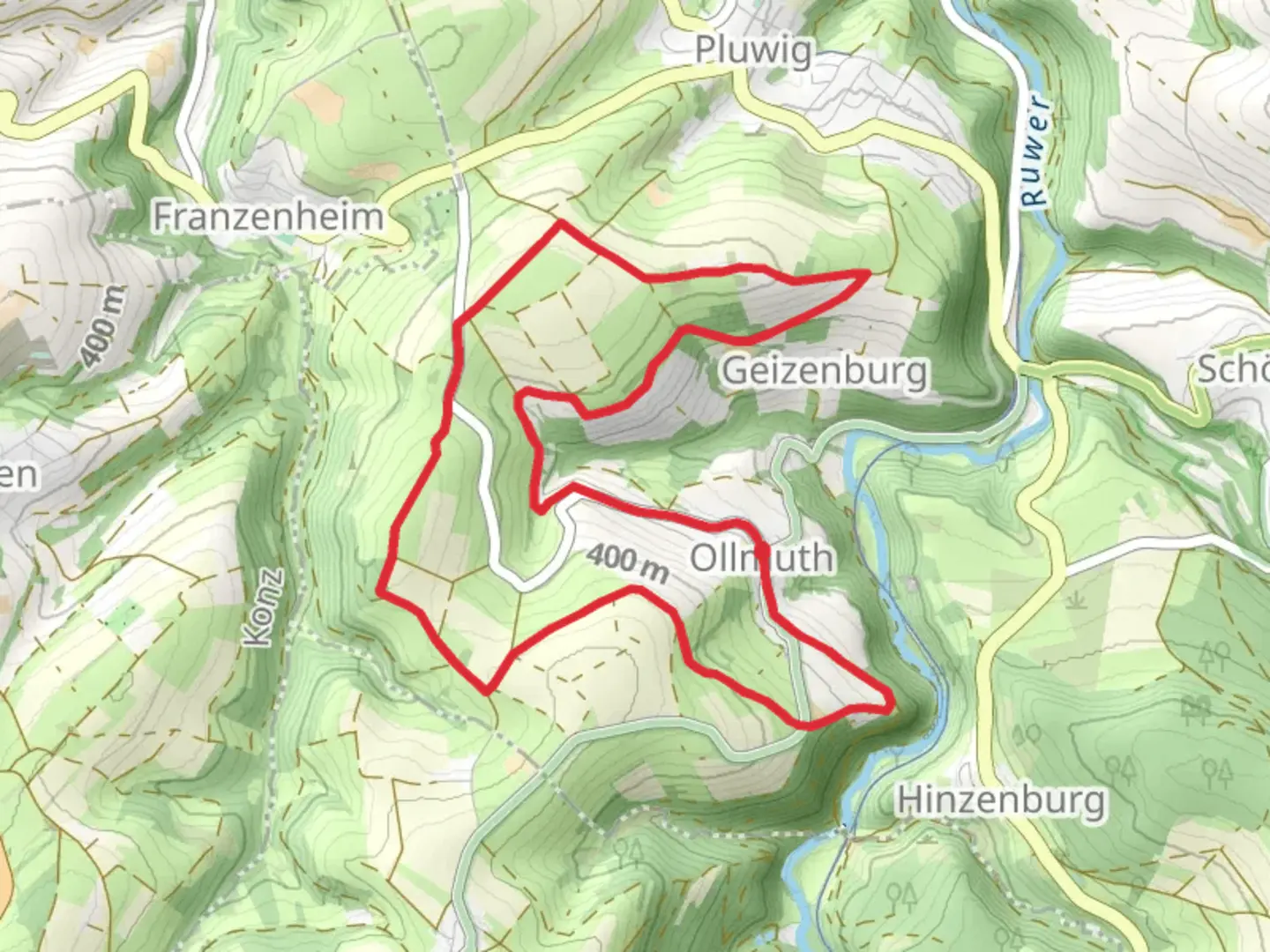 An image depicting the trail Ollmuth Loop via Hardtberg and its surrounding area.