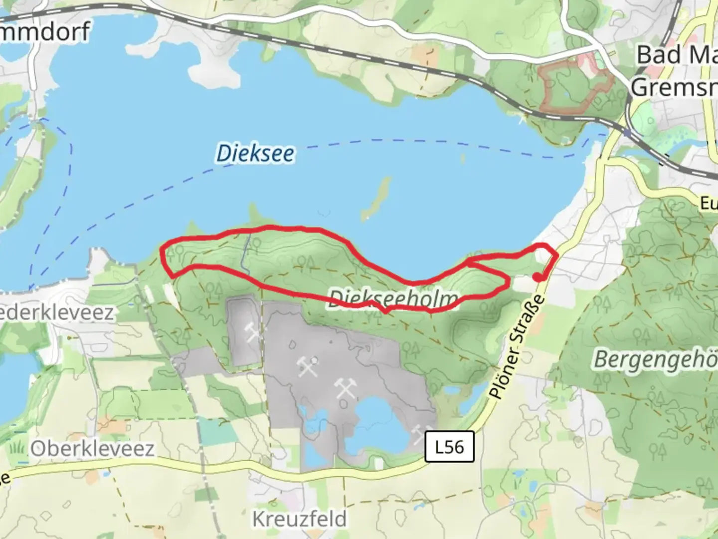 An image depicting the trail Seekamp Route and Dieksee Rundweg and its surrounding area.