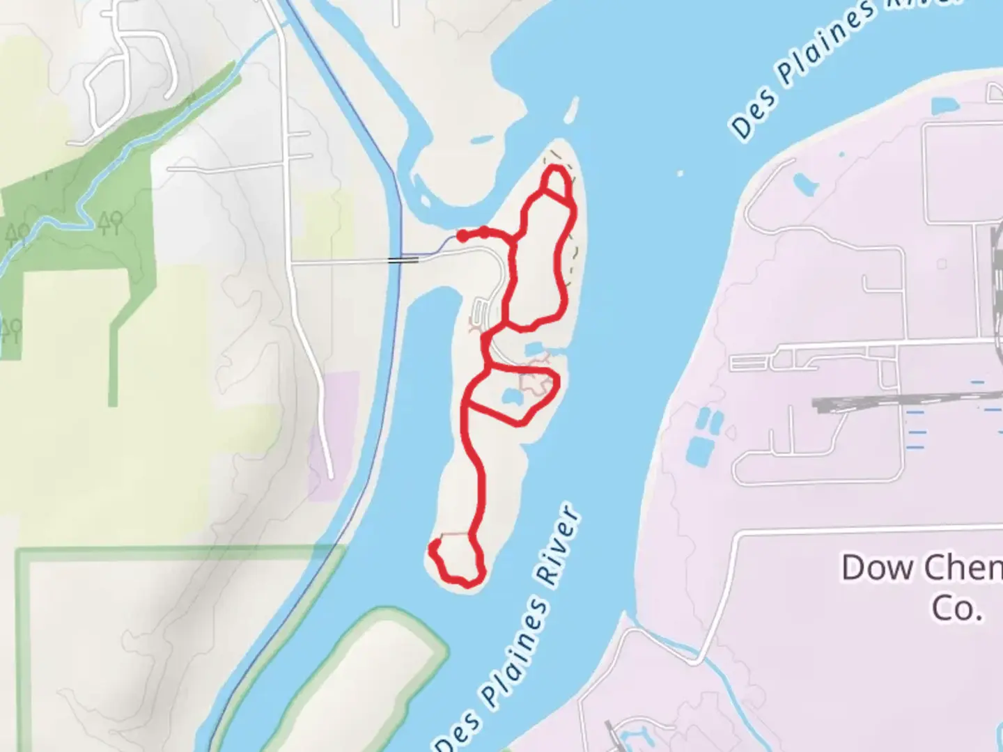 An image depicting the trail Moose Island and Des Plaines River Loop and its surrounding area.