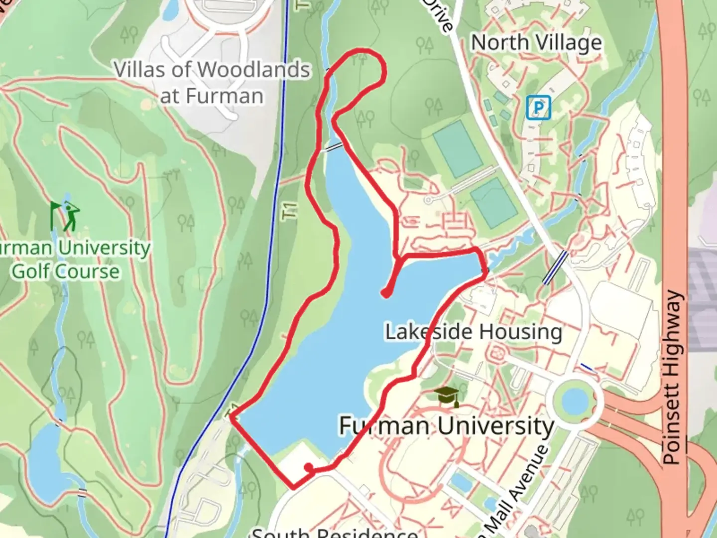 An image depicting the trail Furman University Lake Loop Trail and its surrounding area.