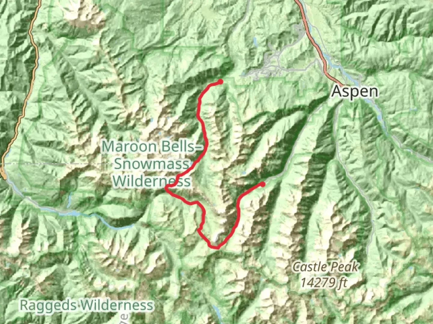 An image depicting the trail Snowmass Lake to Maroon Lake via Geneva Lake Trail and its surrounding area.
