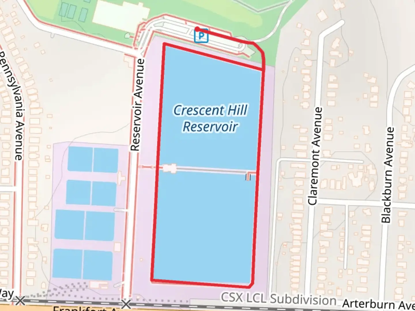 An image depicting the trail Crescent Hill Reservoir Loop and its surrounding area.
