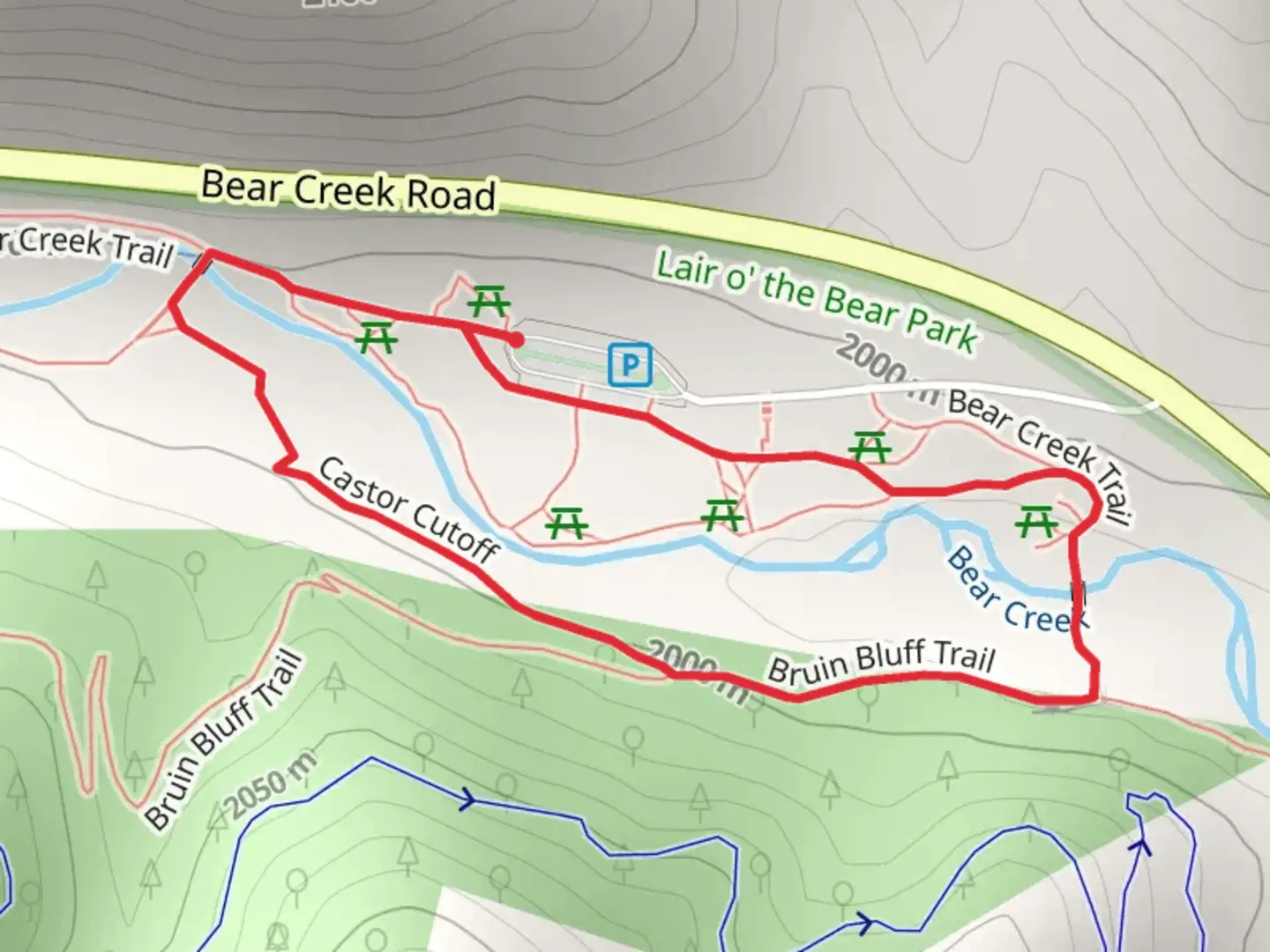 An image depicting the trail Bear Creek and Bruin Bluff Loop Trail and its surrounding area.