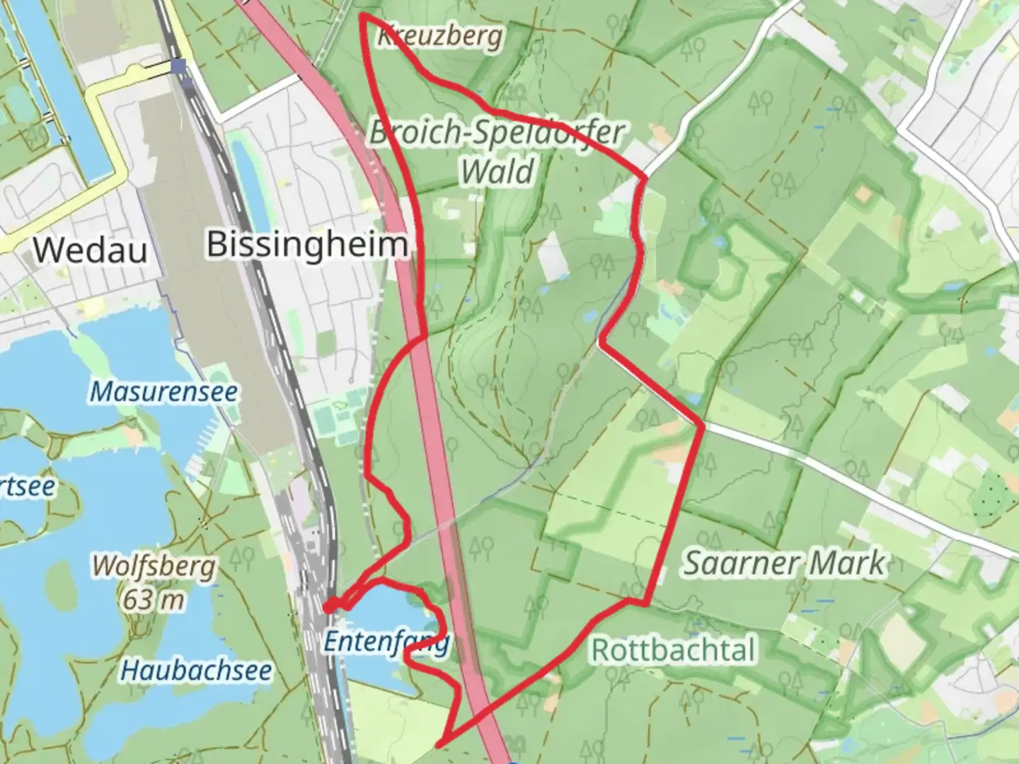 An image depicting the trail Entenfang via Bissingheim Rundweg and its surrounding area.