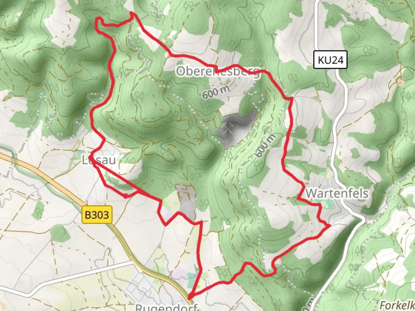 An image depicting the trail Katzbach Weg and Hoehenweg and its surrounding area.