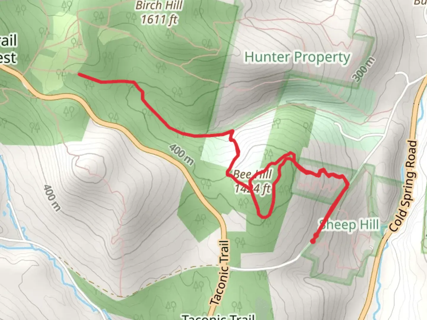 An image depicting the trail Bee Hill and Boy Scouts Land and its surrounding area.