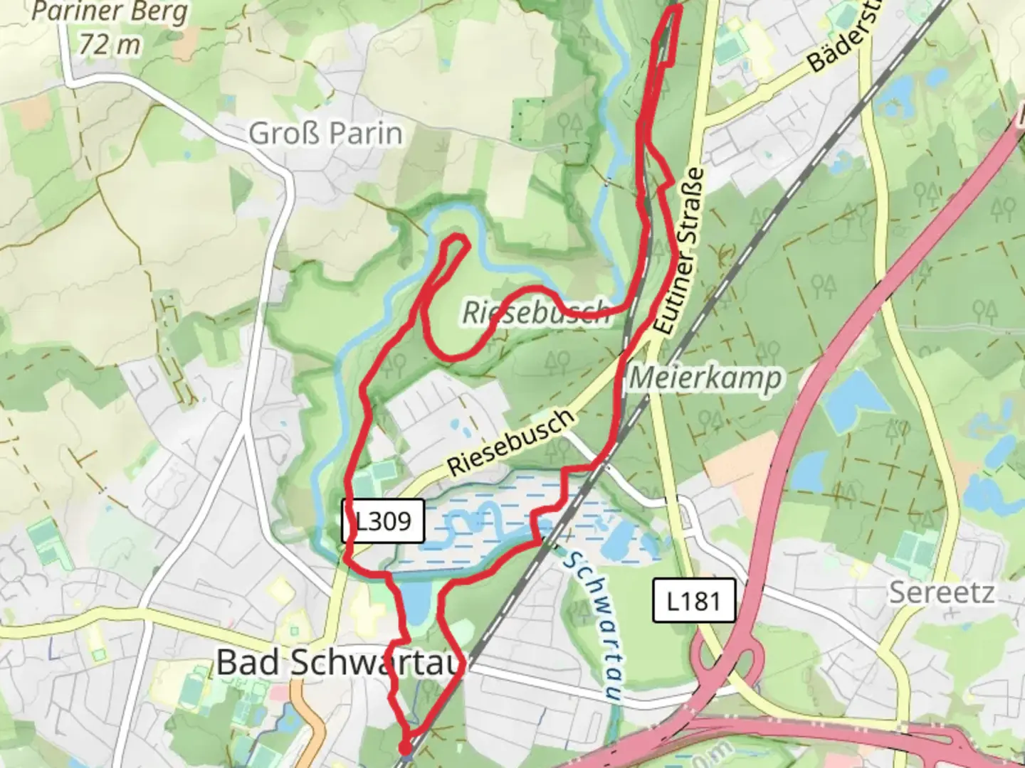 An image depicting the trail Kurparksee, Burg im Riesebusch and Monchkamp Loop and its surrounding area.