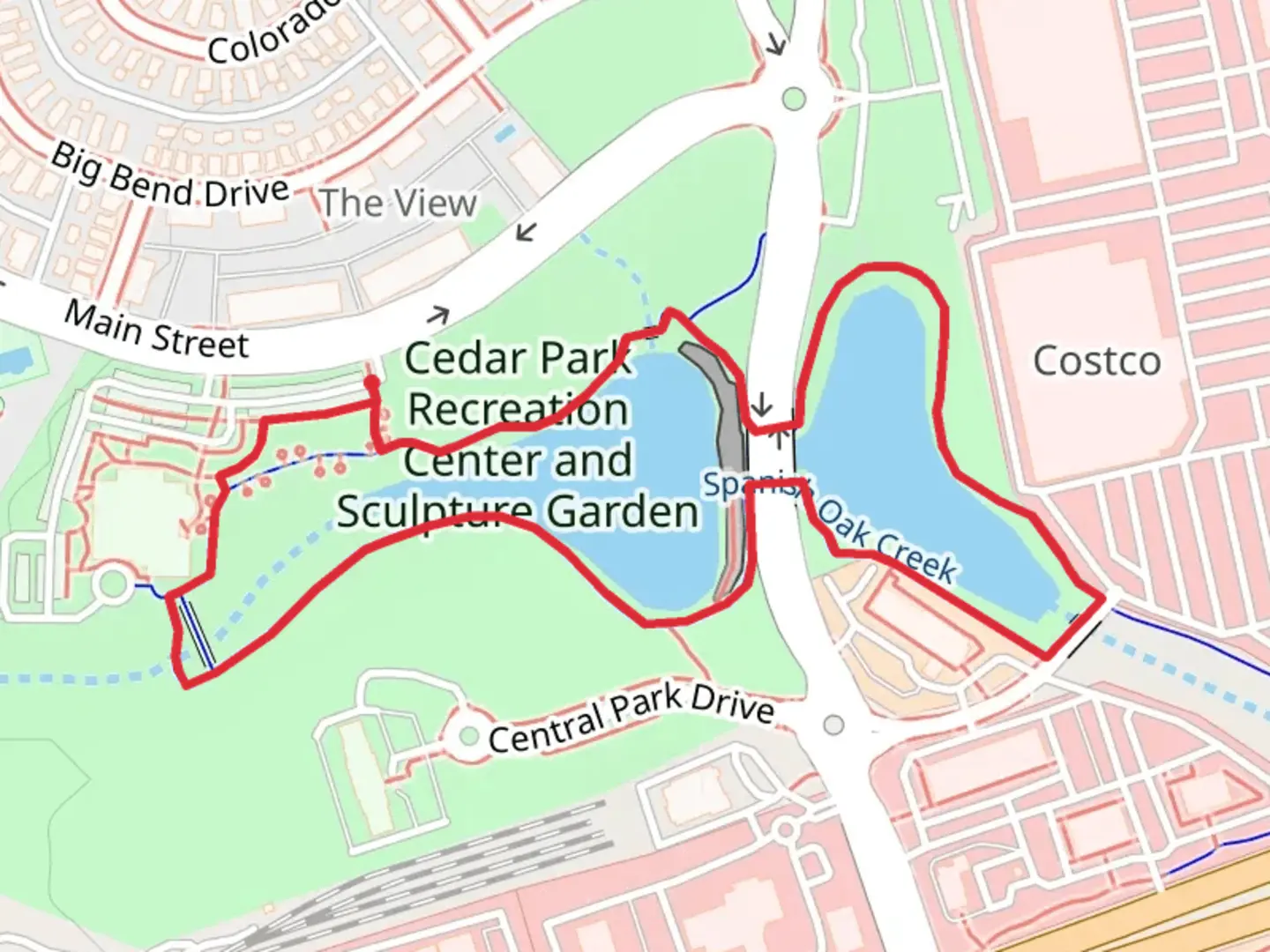 An image depicting the trail Cedar Park Recreation Center and Sculpture Garden Loop and its surrounding area.