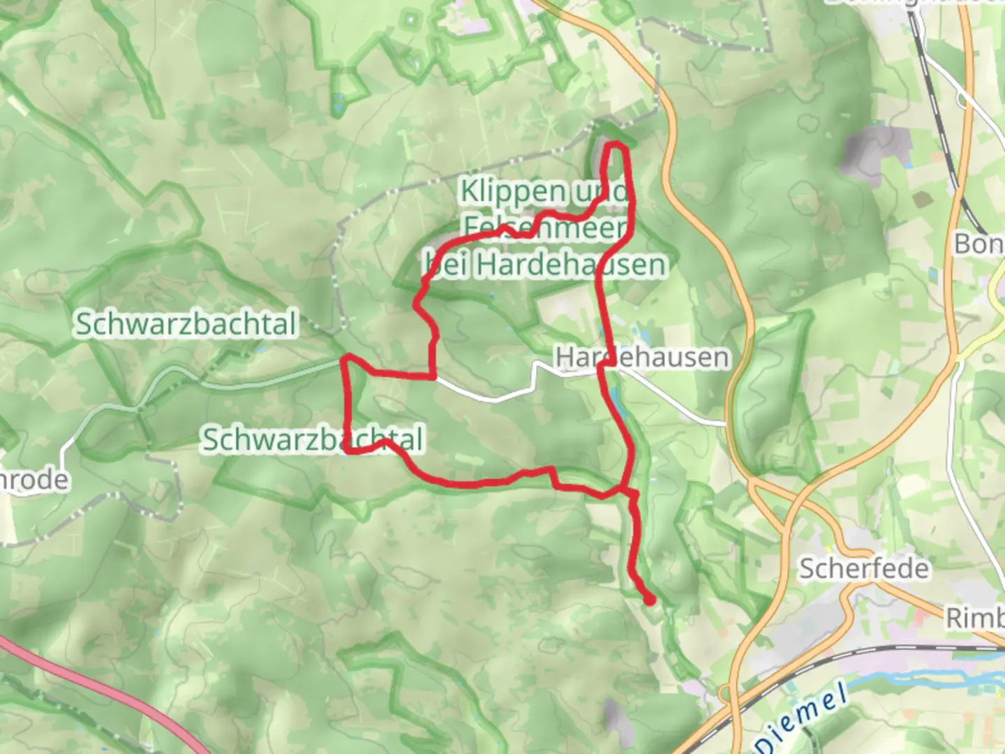 An image depicting the trail Klippen und Felsenmeer bein Hardehausen Loop and its surrounding area.