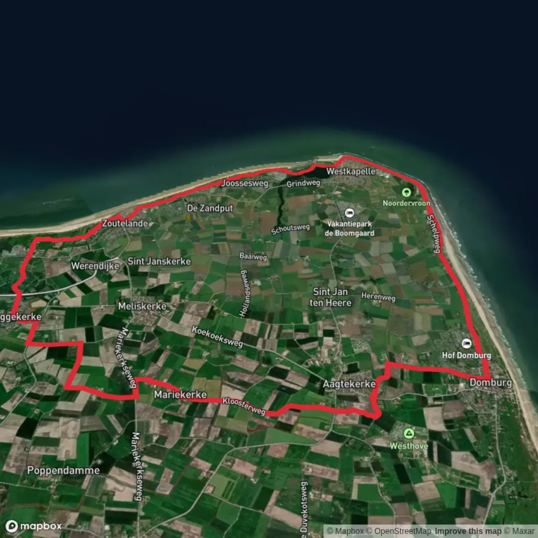 An image depicting the trail Westkapelsche Kreek via Nederlands Kustpad deel and Klooster Weg and its surrounding area.