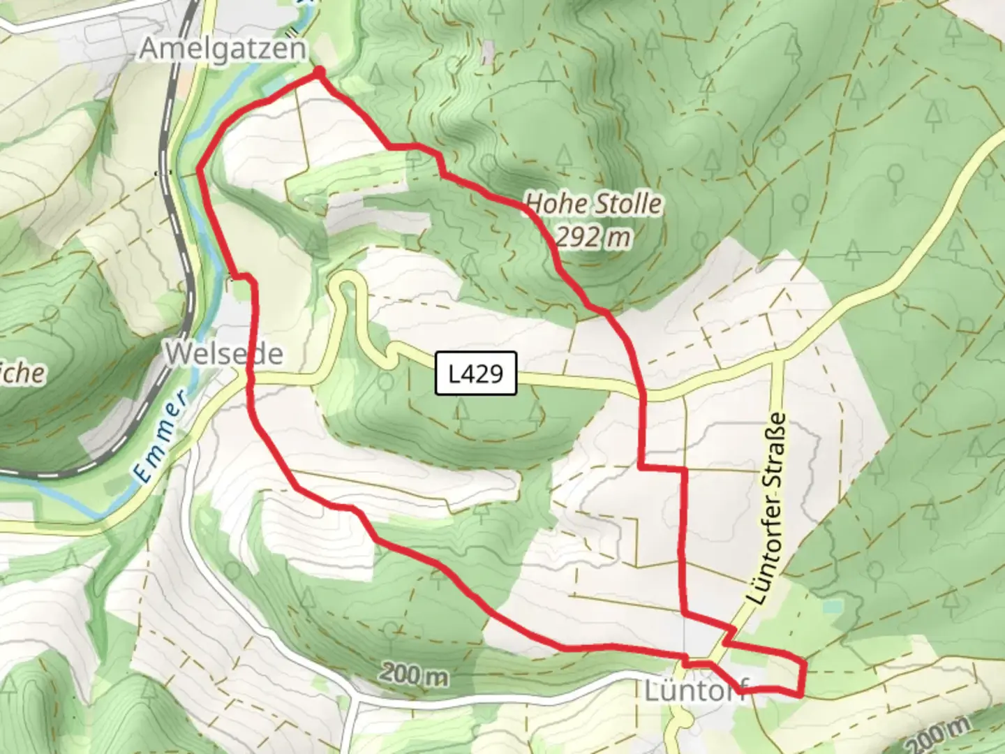 An image depicting the trail Emmerweg and Kasseler Weg and its surrounding area.