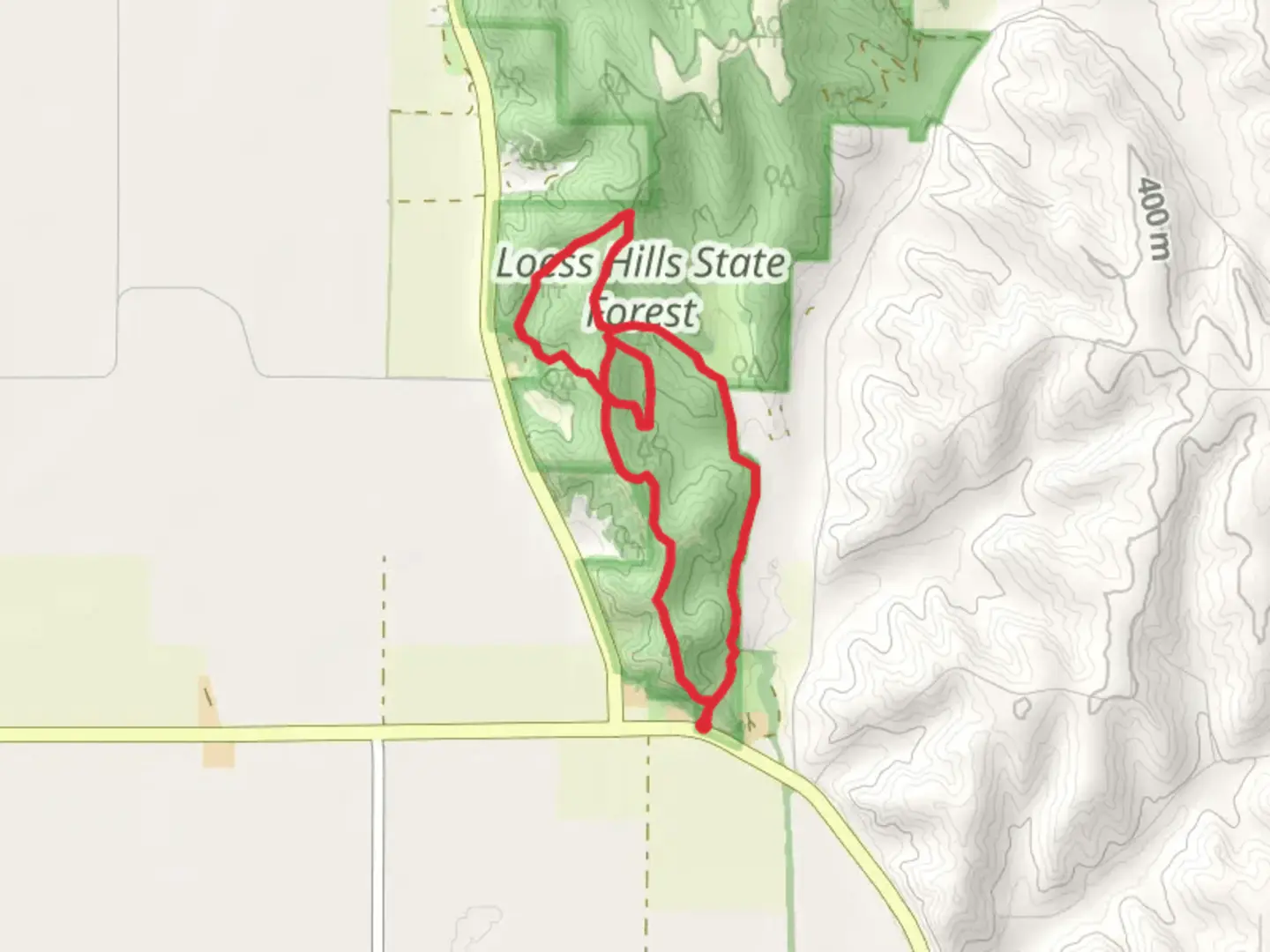 An image depicting the trail Loess Hills State Forest Loop and its surrounding area.