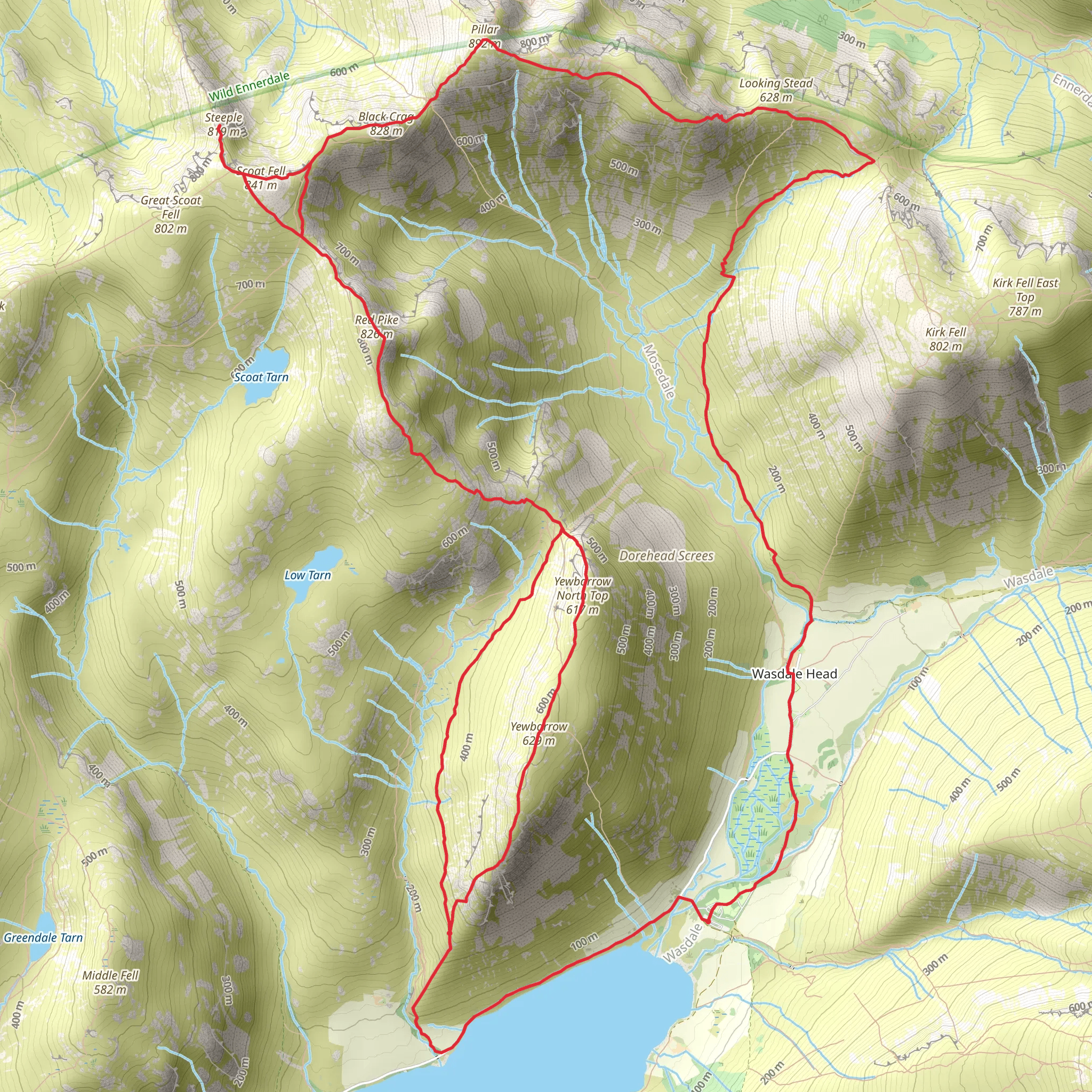Black Sail Pass, Pillar and Red Pike Loop from Wast Water mobile static map