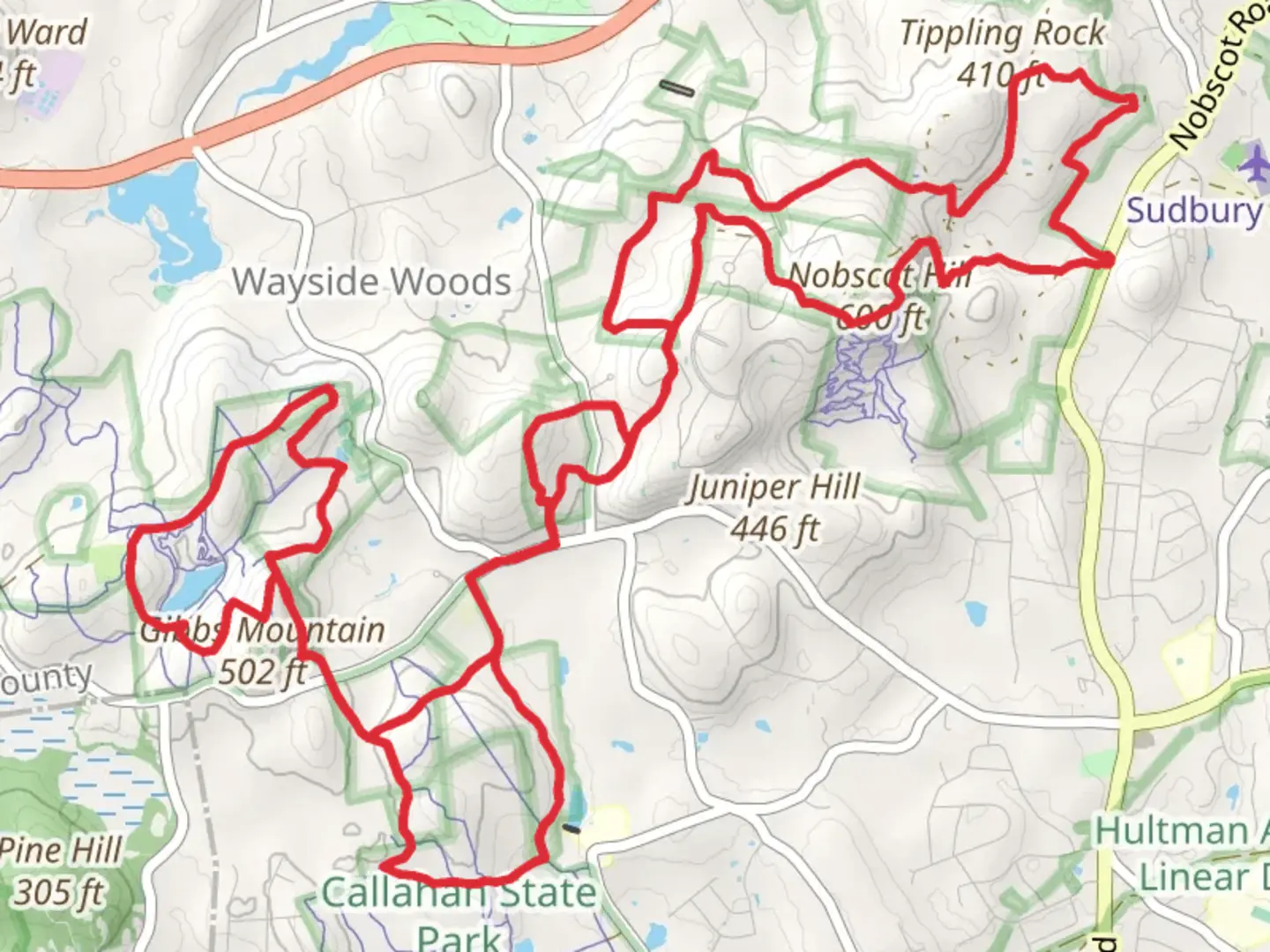 An image depicting the trail Nobscot Hill and Gibbs Mountain Loop and its surrounding area.