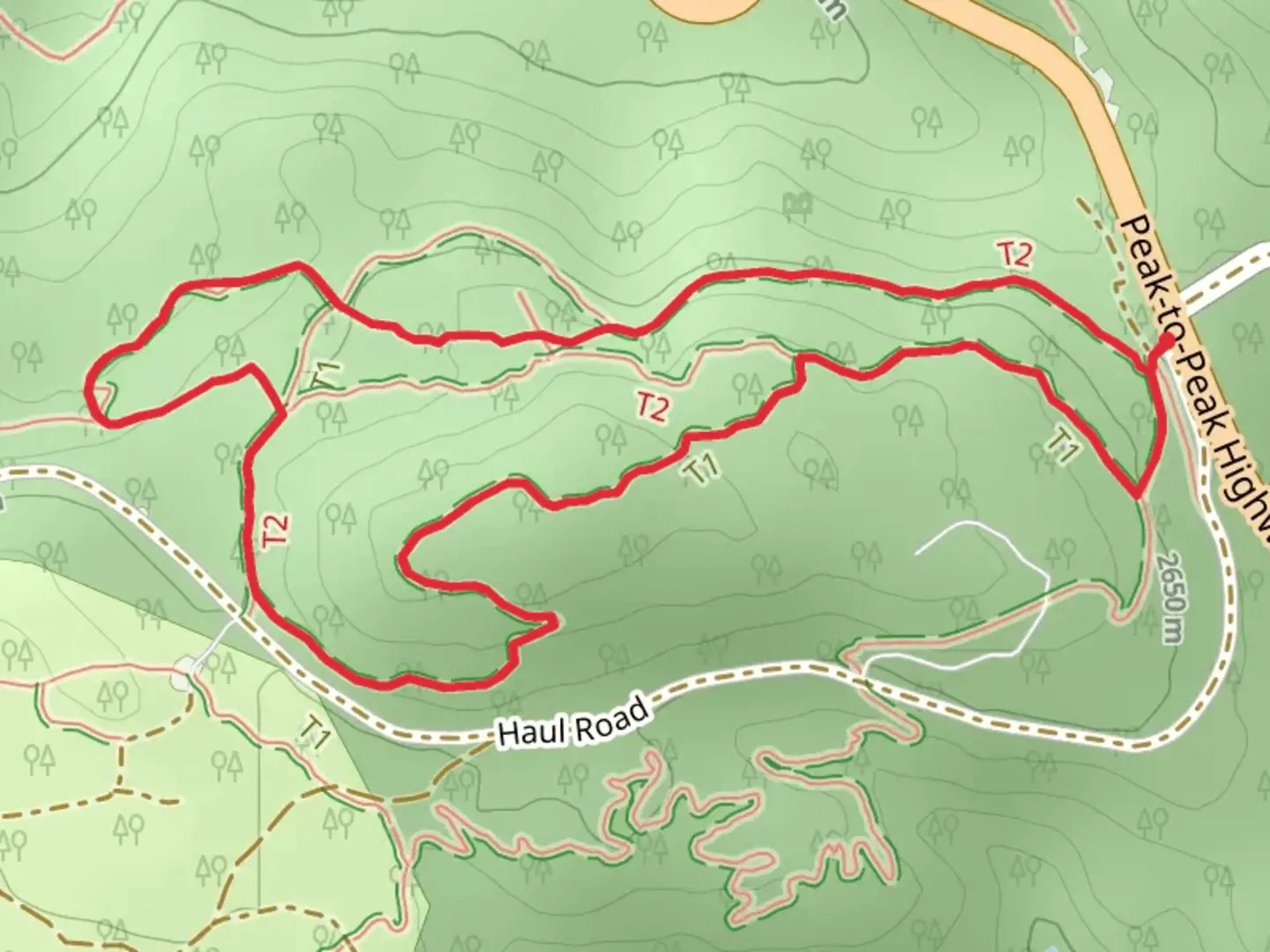 An image depicting the trail Super Vü - Clear Cut - Handshake - Aspen Alley Loop Trail and its surrounding area.