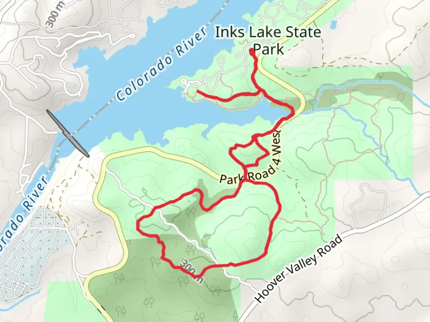 An image depicting the trail Woodland and Lake Loop Trail - Inks Lake State PArk and its surrounding area.