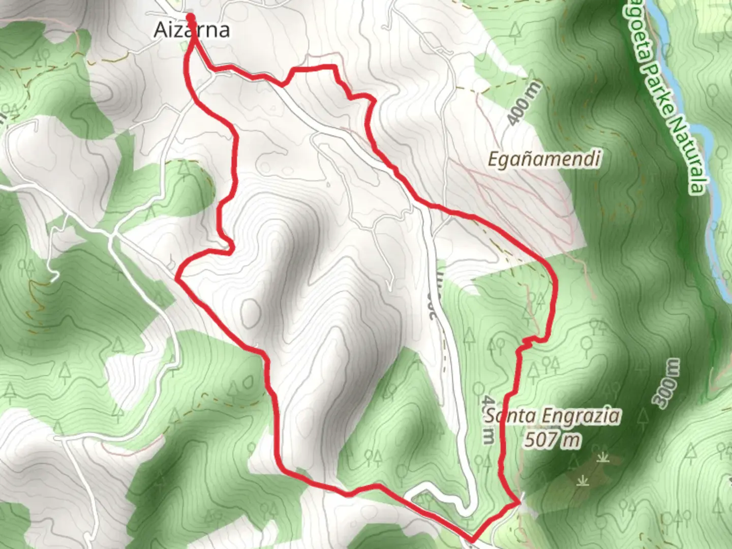 An image depicting the trail Aizarna - Santa Engracia PR GI 40 and its surrounding area.