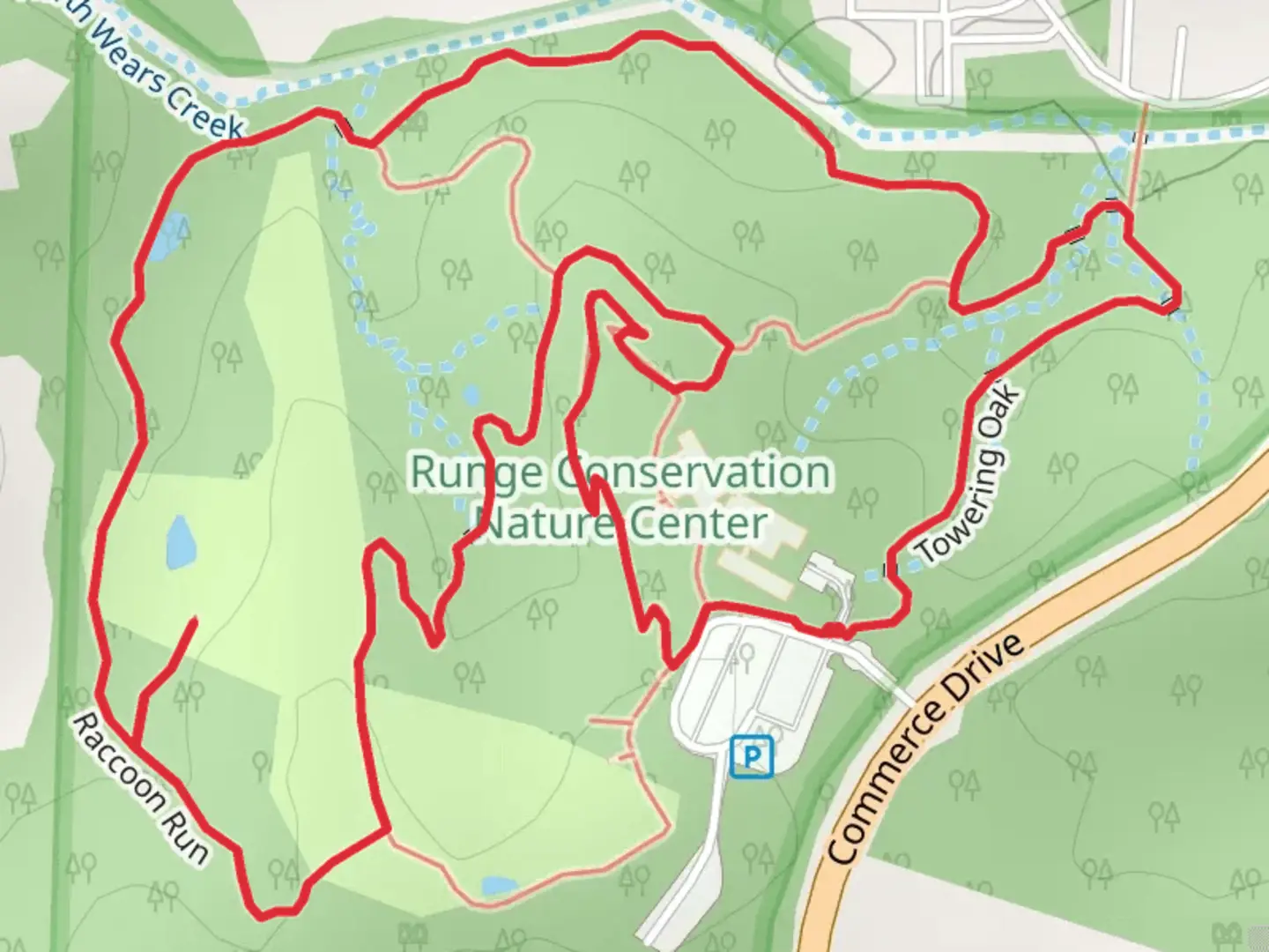 An image depicting the trail Moss Rock Trace, Raccoon Run and Naturescape Loop and its surrounding area.