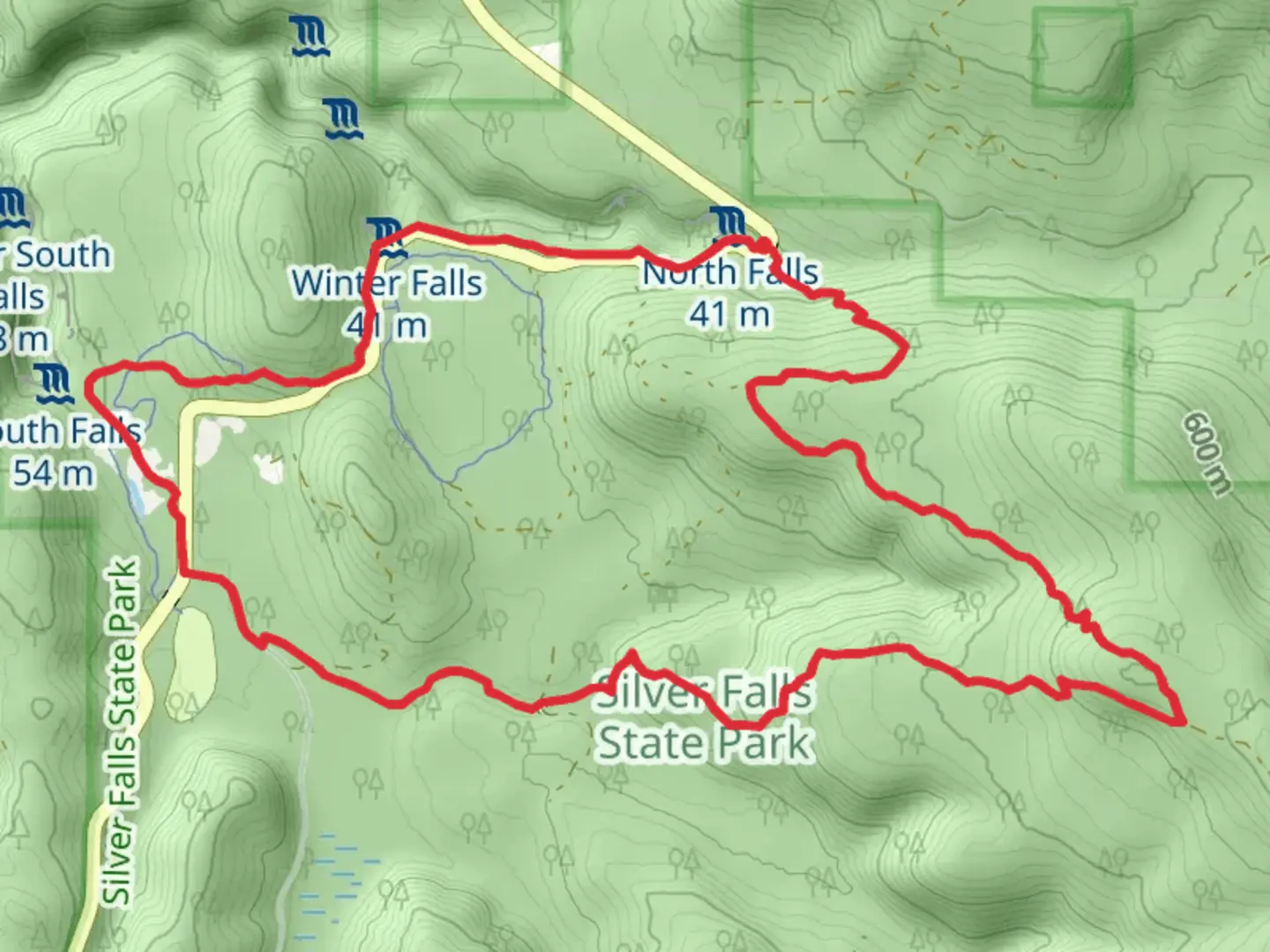 An image depicting the trail South Silver Creek, Rackett Ridge Connector and Trail of Ten Falls Loop and its surrounding area.