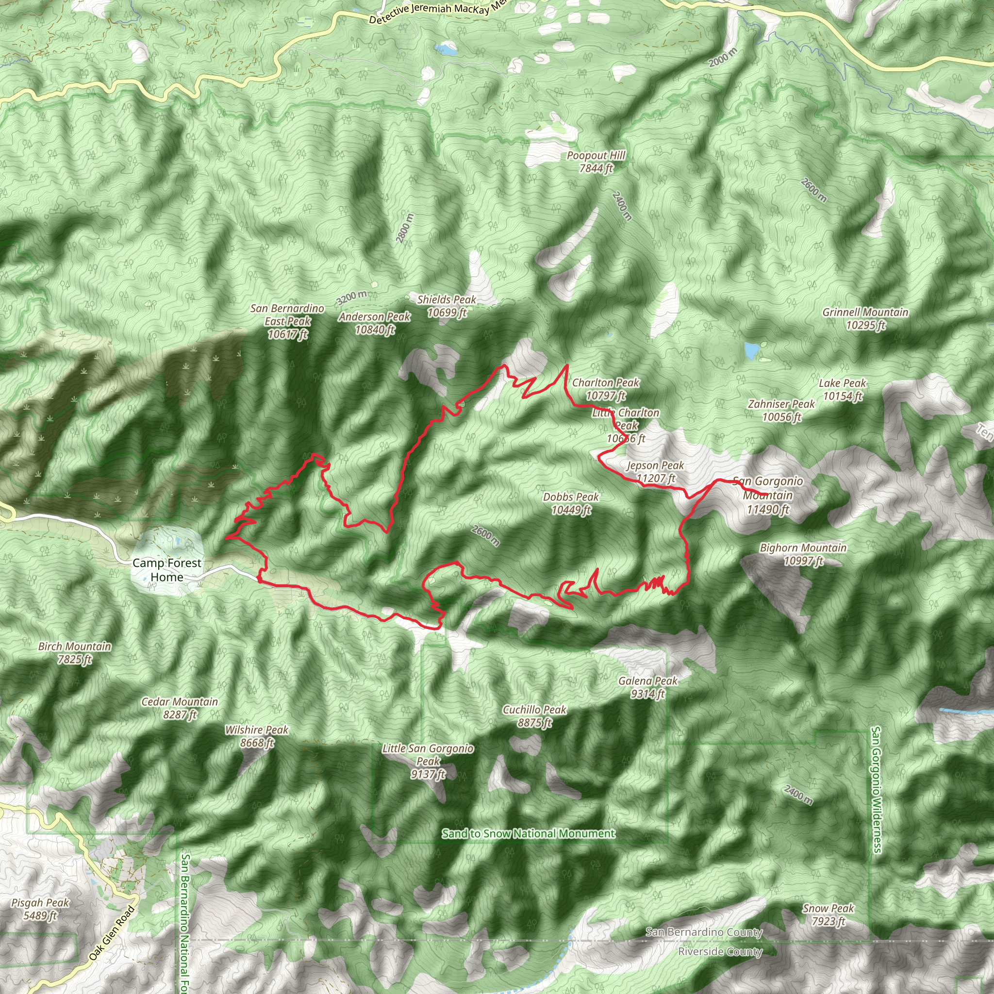 Falls Creek, San Gorgonio Mountain and Vivian Creek Loop Trail mobile static map
