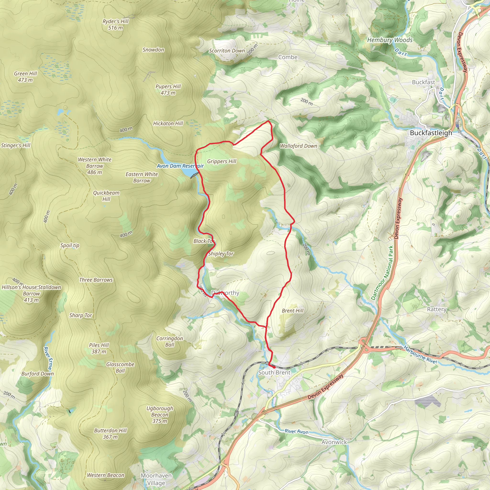 South Brent, Shipley Bridge and Lutton Loop via Avon Dam Reservoir mobile static map