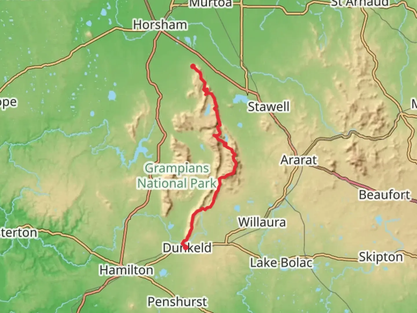 An image depicting the trail Grampians Peak Trail and its surrounding area.