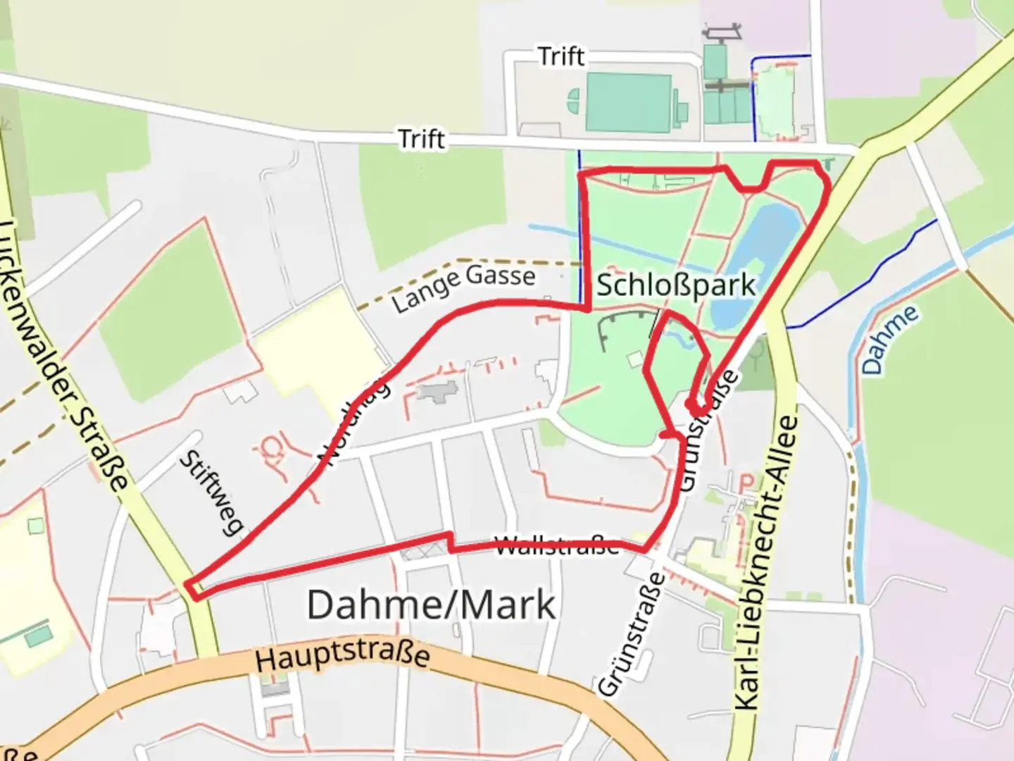 An image depicting the trail Schloßpark and Schlossteich Loop and its surrounding area.