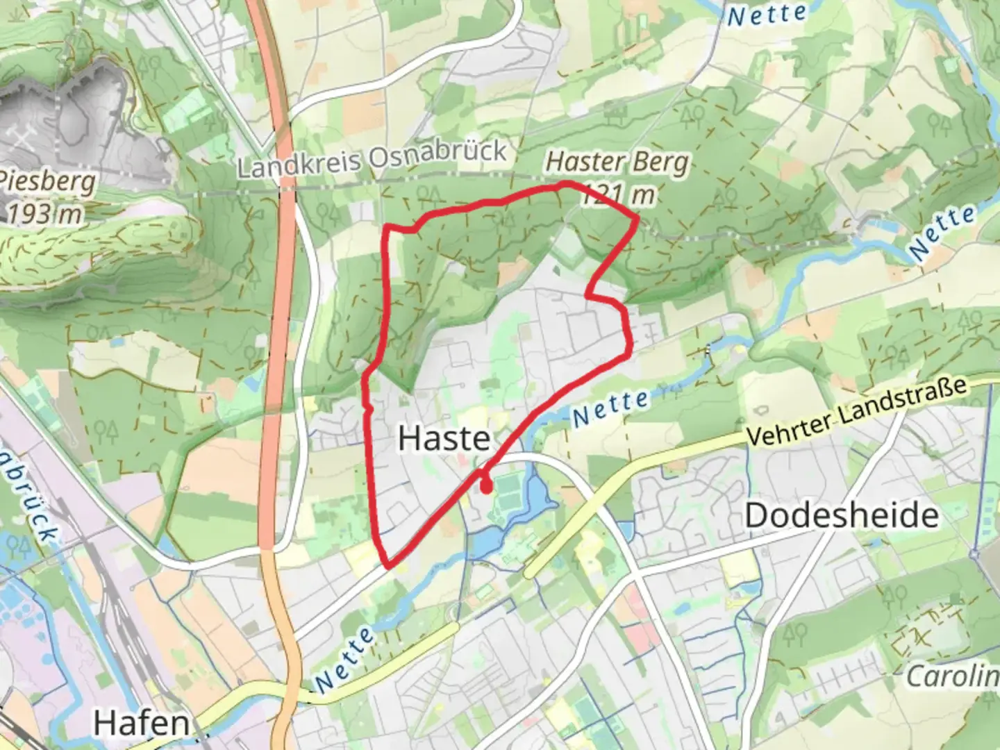 An image depicting the trail Haster Berg via Osnabruecker Ringweg and its surrounding area.