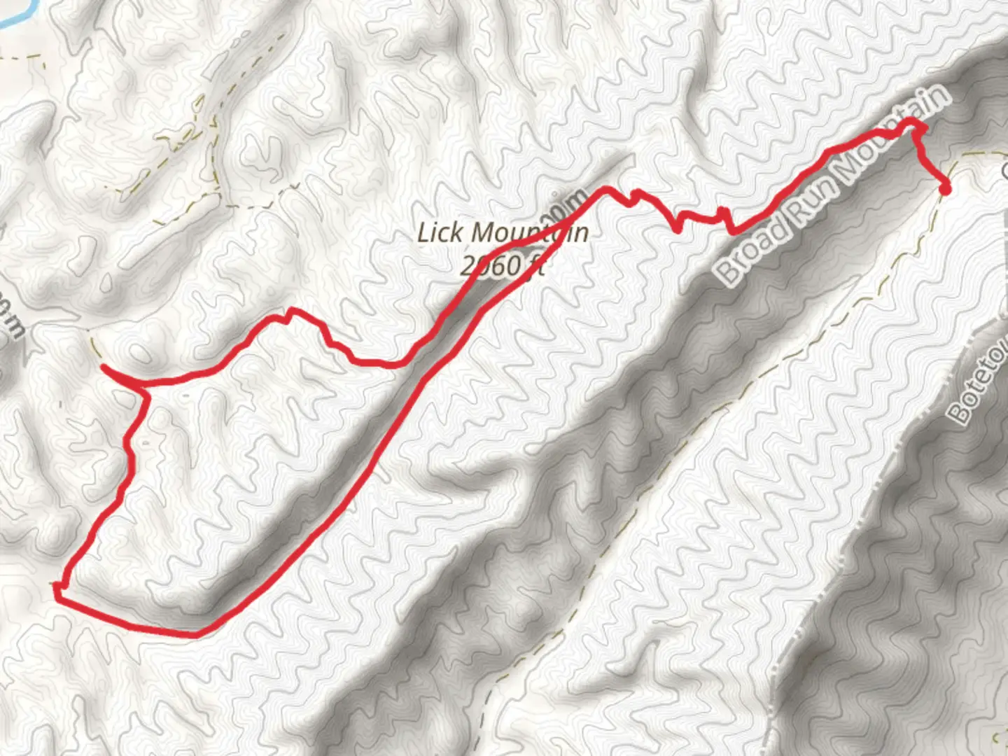 An image depicting the trail Lick Mountain via North Mountain Trail and Lick Branch Loop and its surrounding area.