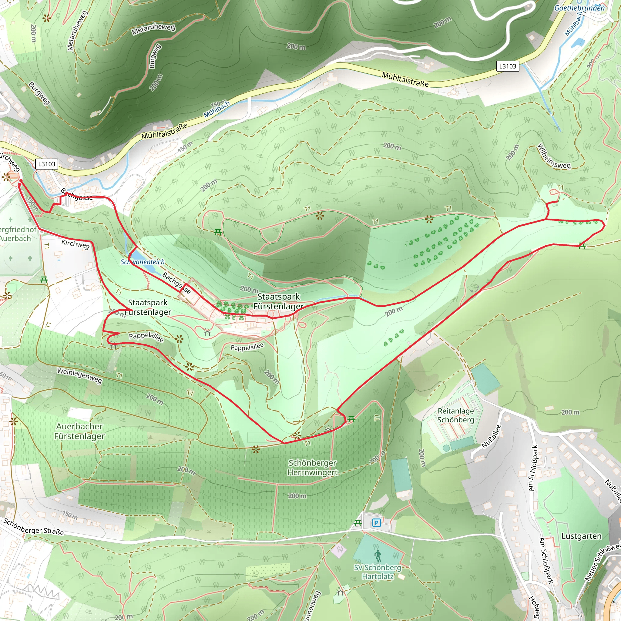 Schwanenteich and Fuerstenlager via Alemannenweg and Camino Incluso mobile static map