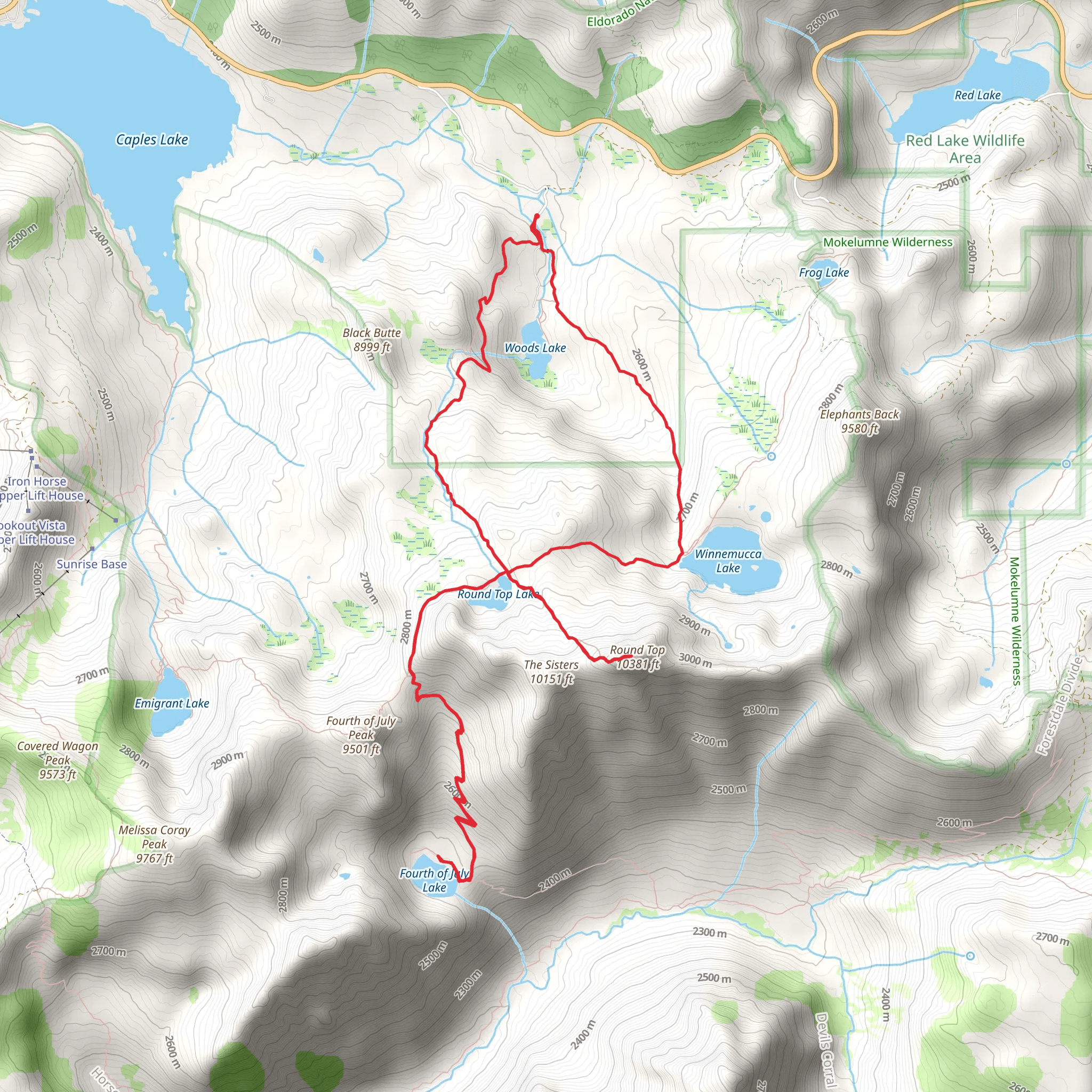 Fourth of July, Round Top, Winnemucca and Woods Lakes Loop mobile static map