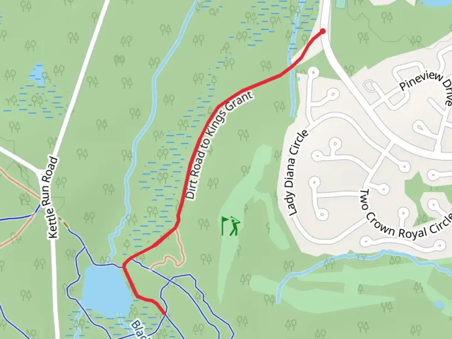 An image depicting the trail Black Run via Dirt Road to Kings Grant and its surrounding area.