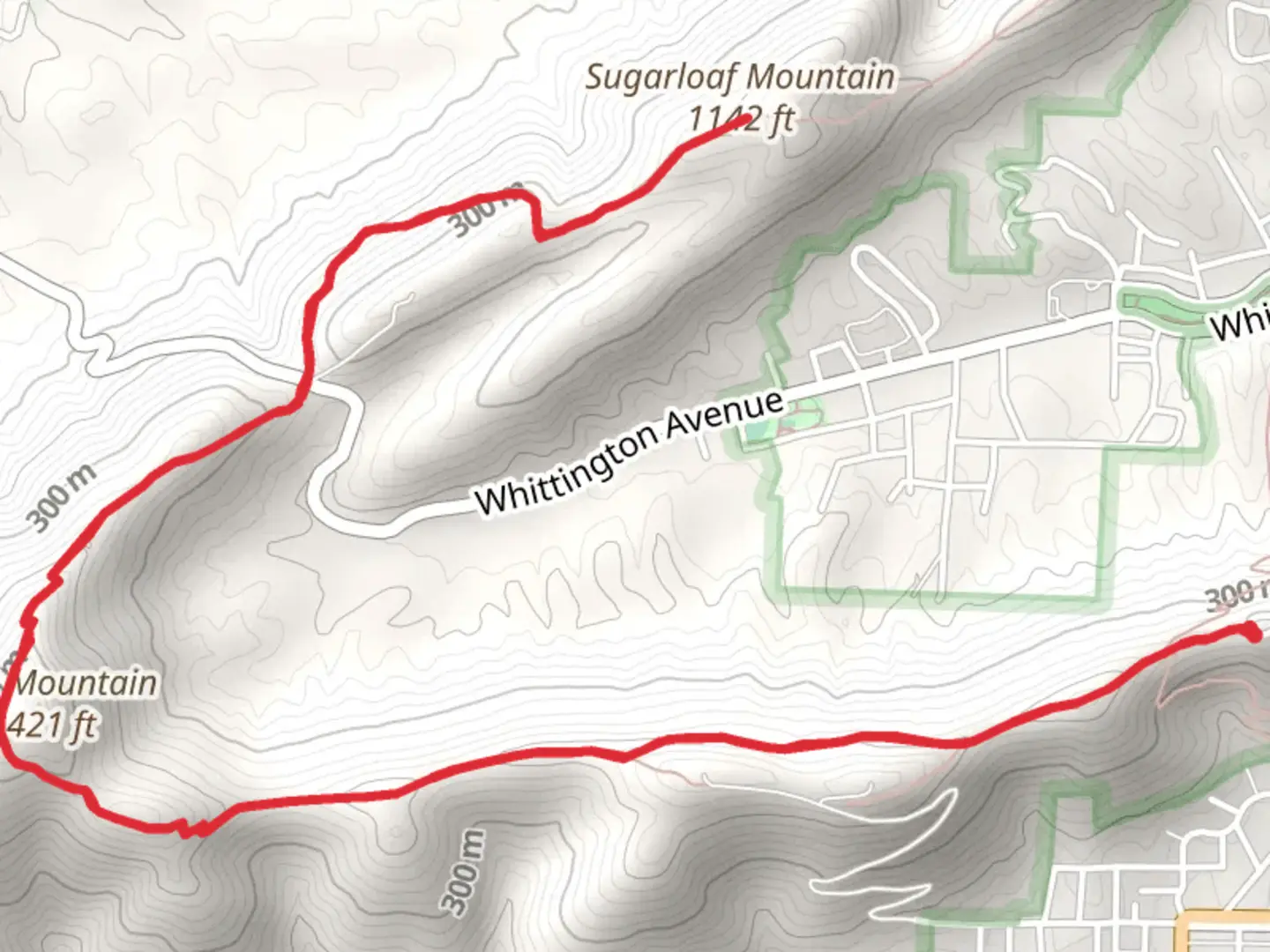An image depicting the trail West Mountain and Sugarloaf Mountain via Sunset Trail and its surrounding area.